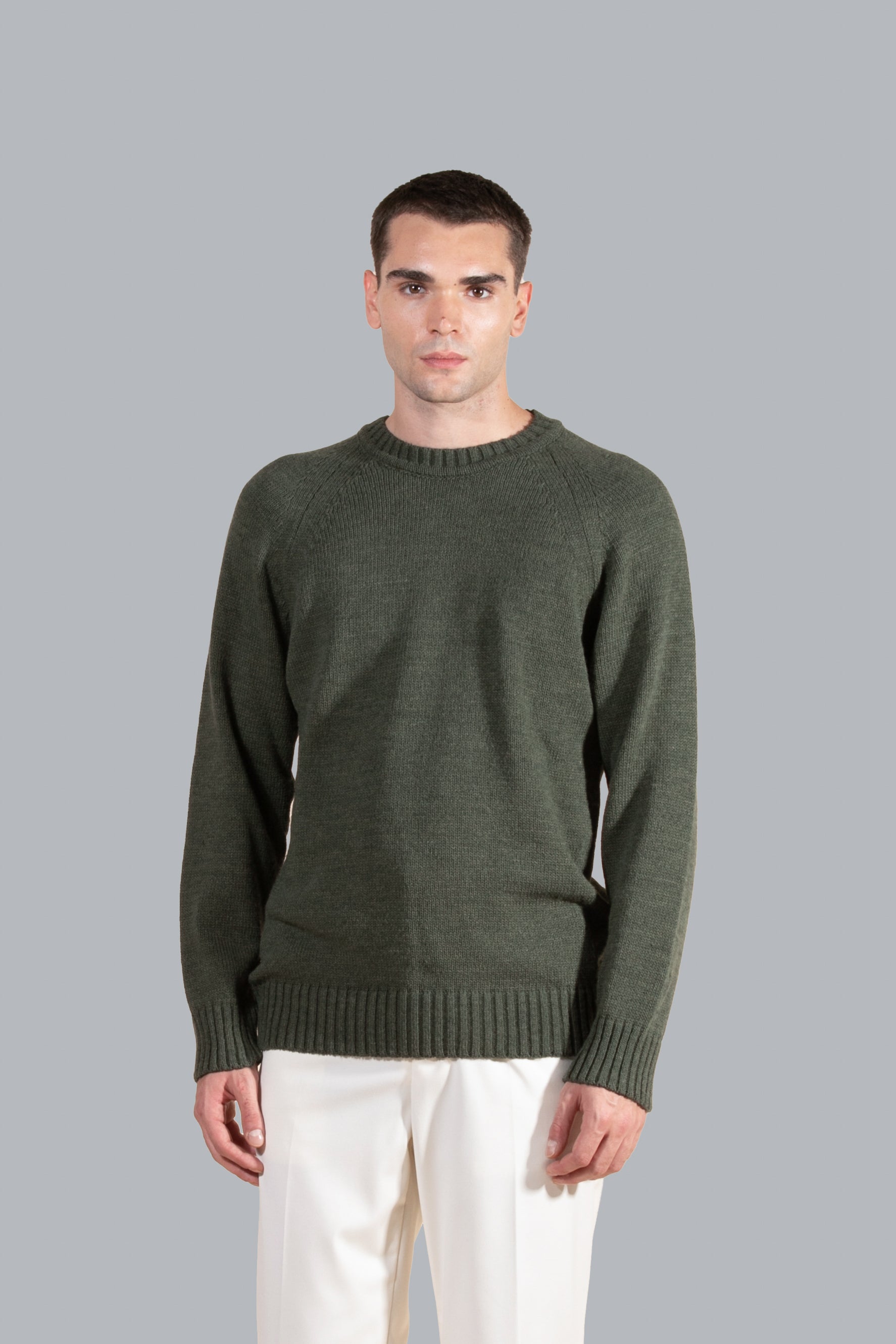 Pull col rond en laine mélangée - Vert militaire