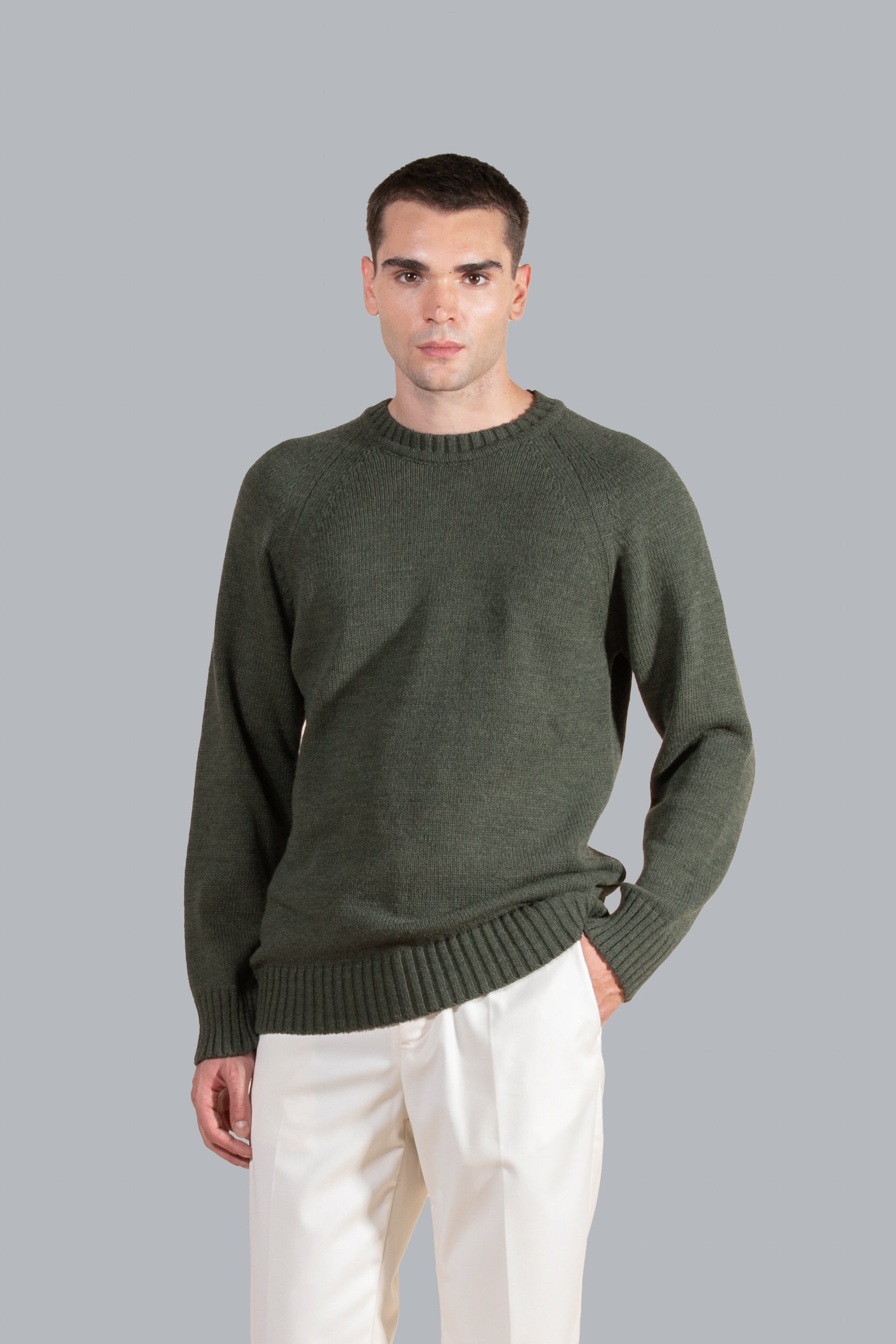 Pull col rond en laine mélangée - Vert militaire