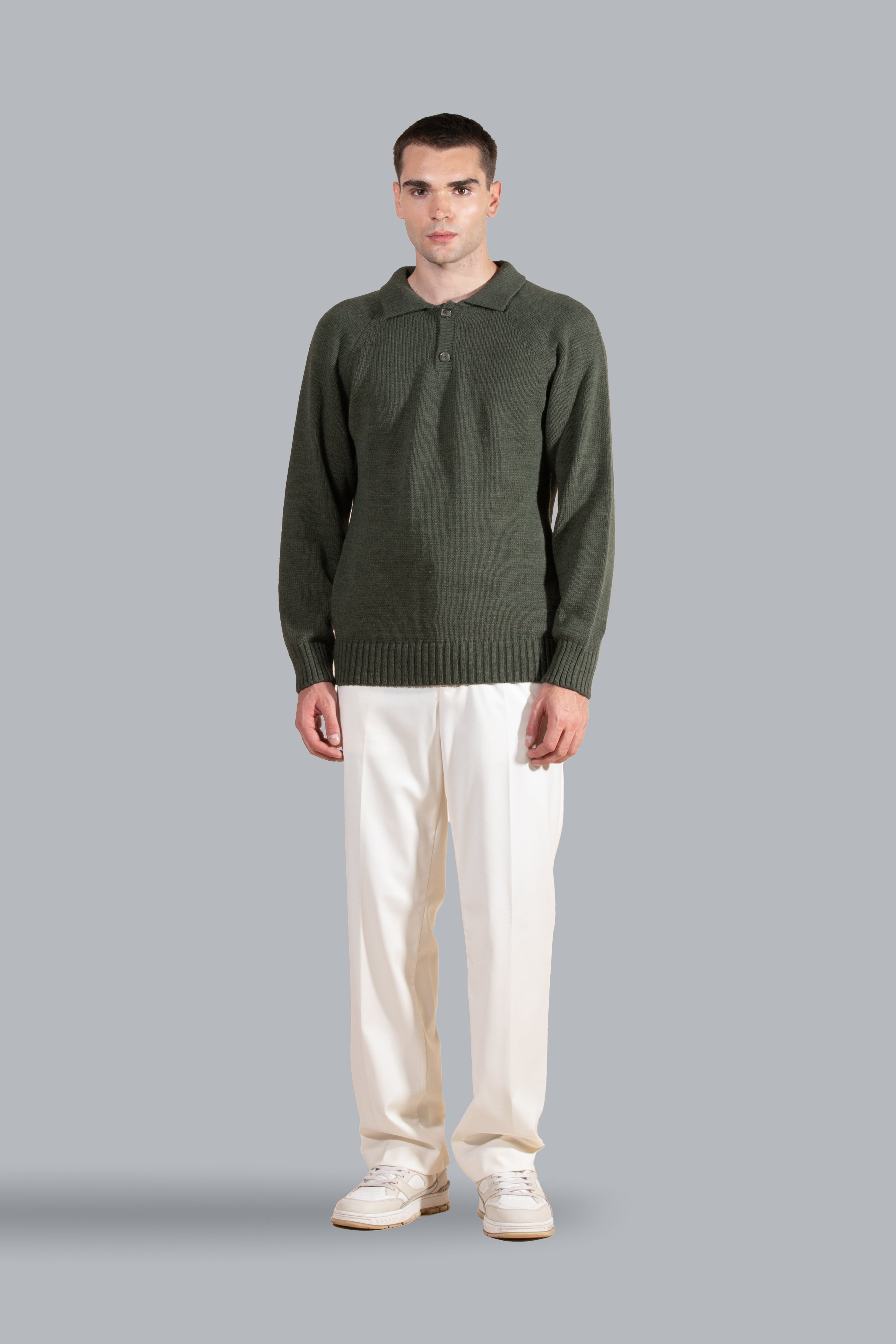 Polo en maille de laine mélangée - Vert militaire