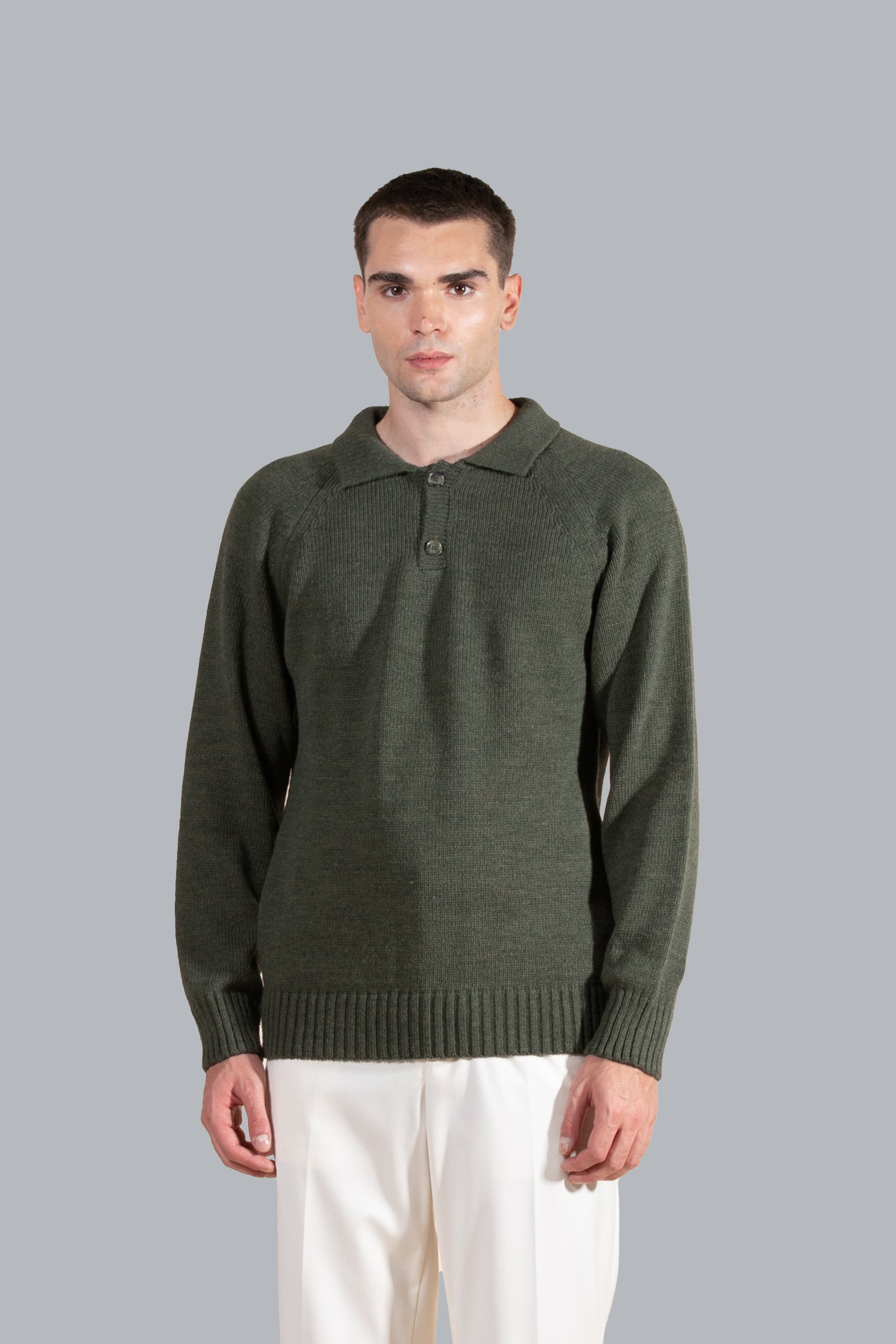 Polo en maille de laine mélangée - Vert militaire