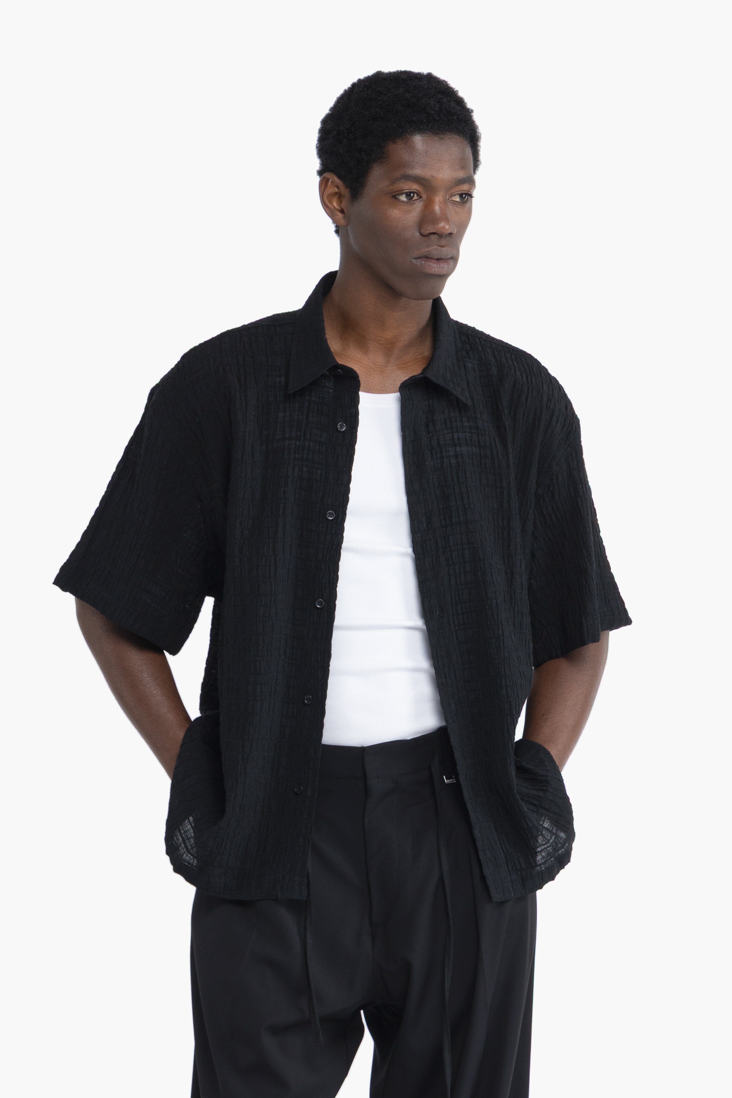 Camicia jacquard maniche corte - Nero