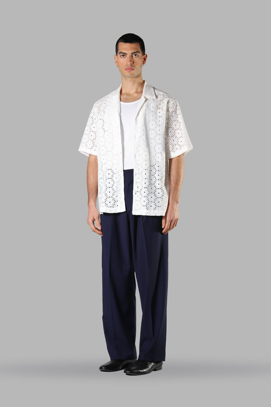 Camicia crochet in cotone traforata floreale - Bianco