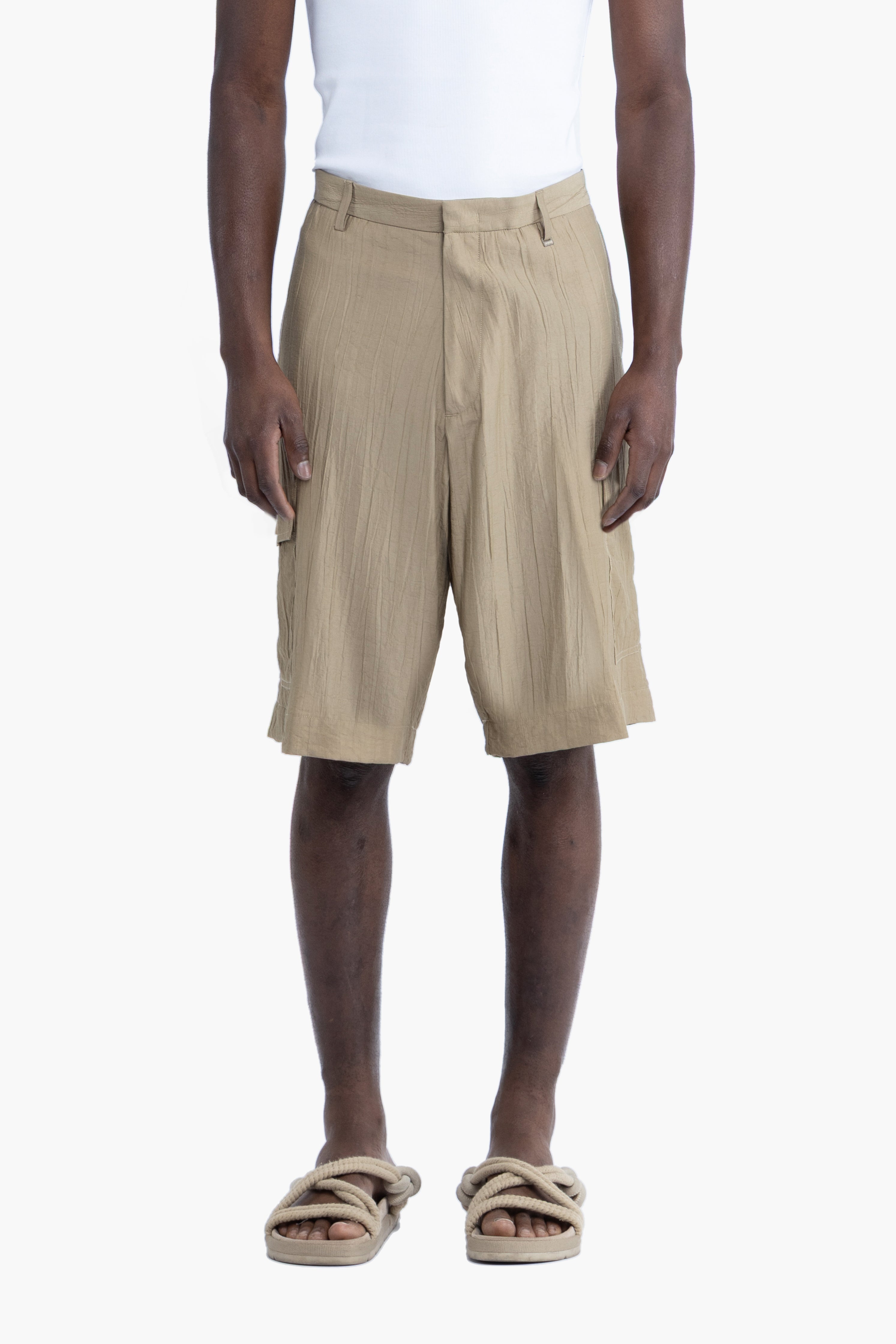 Bermuda con tasconi effetto stropicciato - Khaki