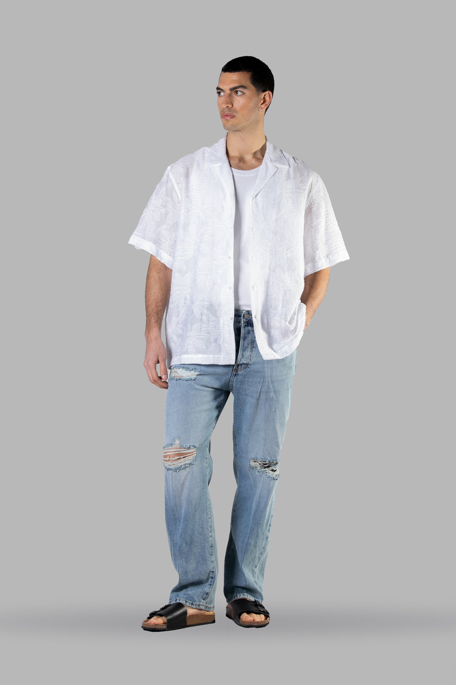 Camicia in viscosa traforata in tono floreale - Bianco