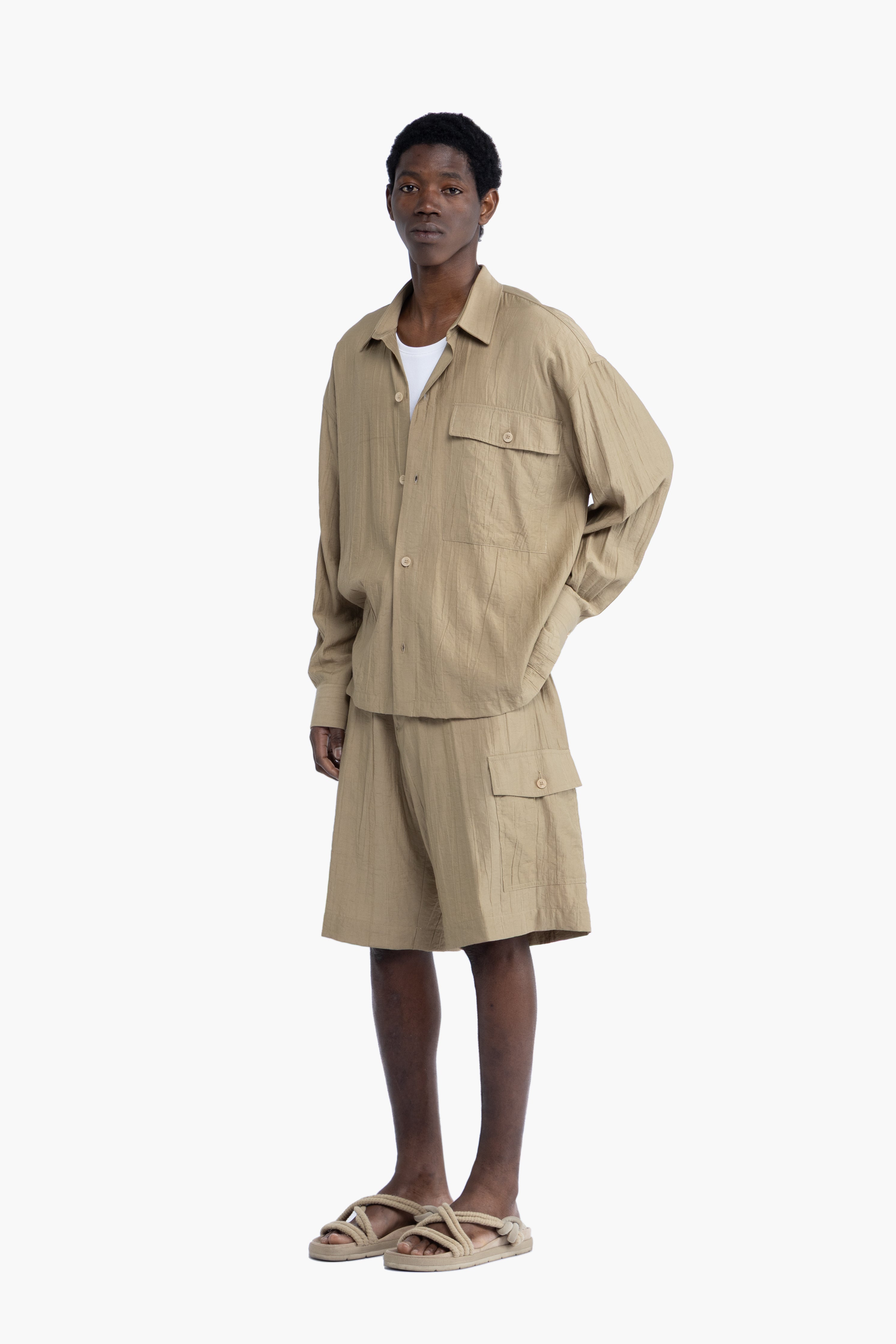 Bermuda con tasconi effetto stropicciato - Khaki