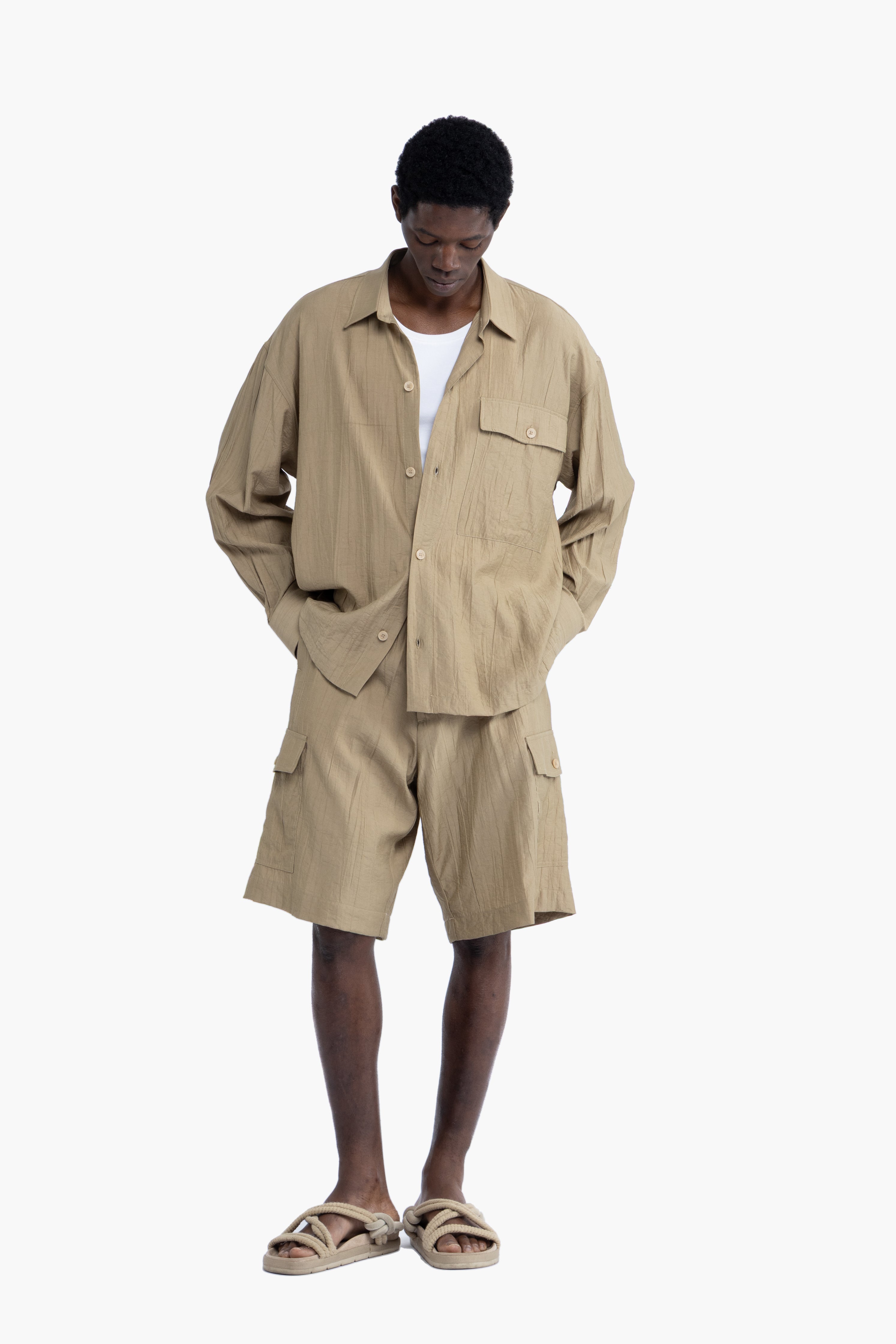 Bermuda con tasconi effetto stropicciato - Khaki