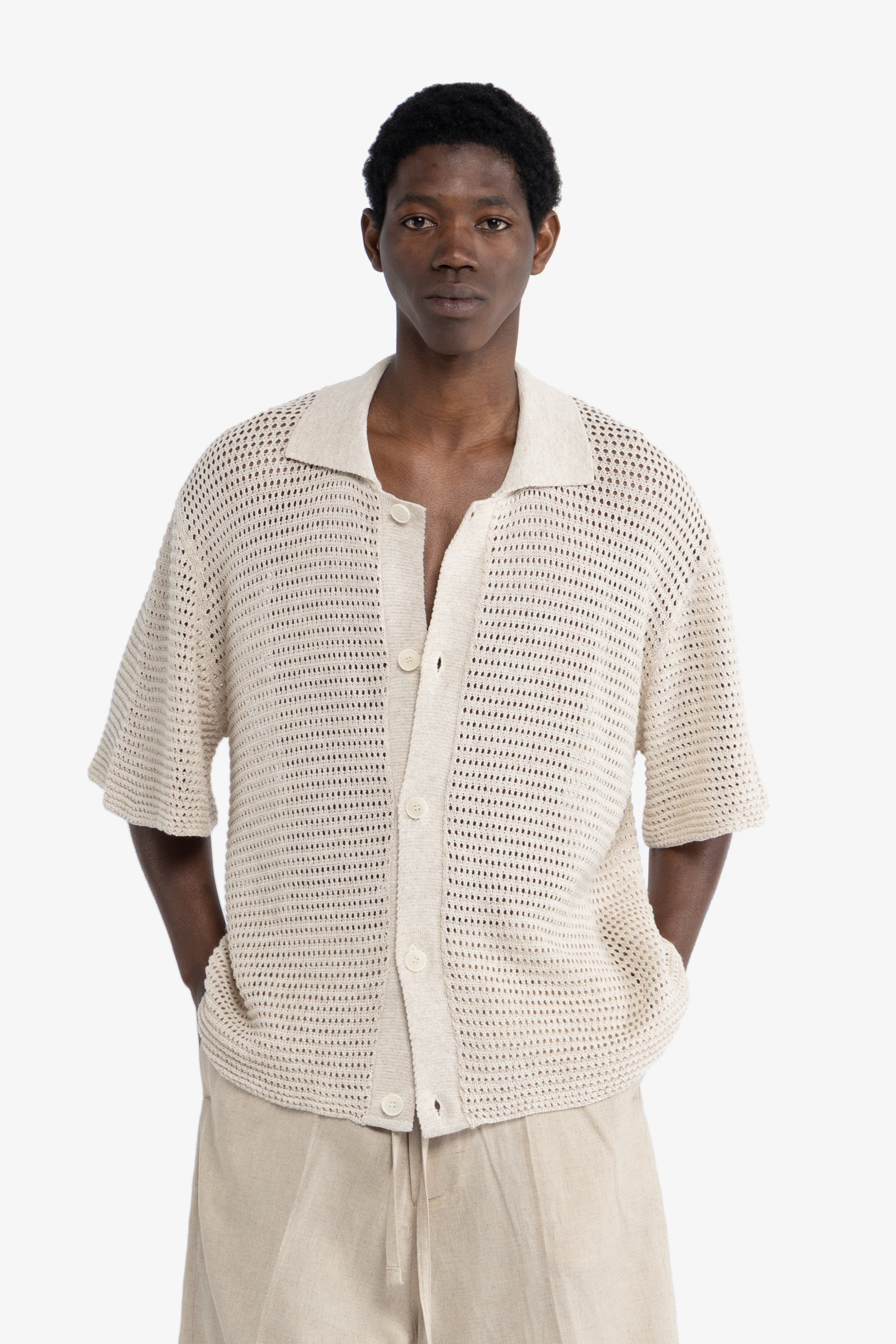 Cardigan polo crochet in maglia - Lino