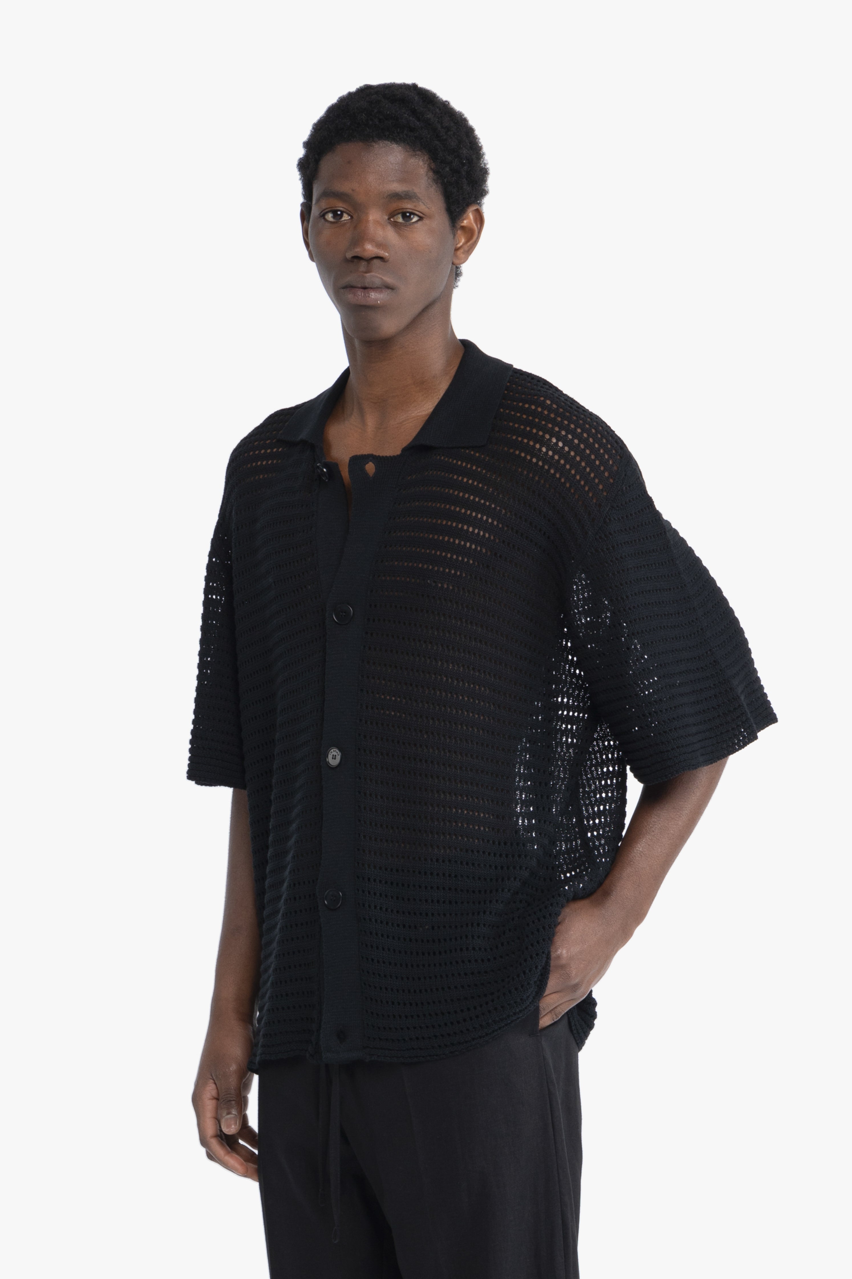 Cardigan polo crochet in maglia - Nero
