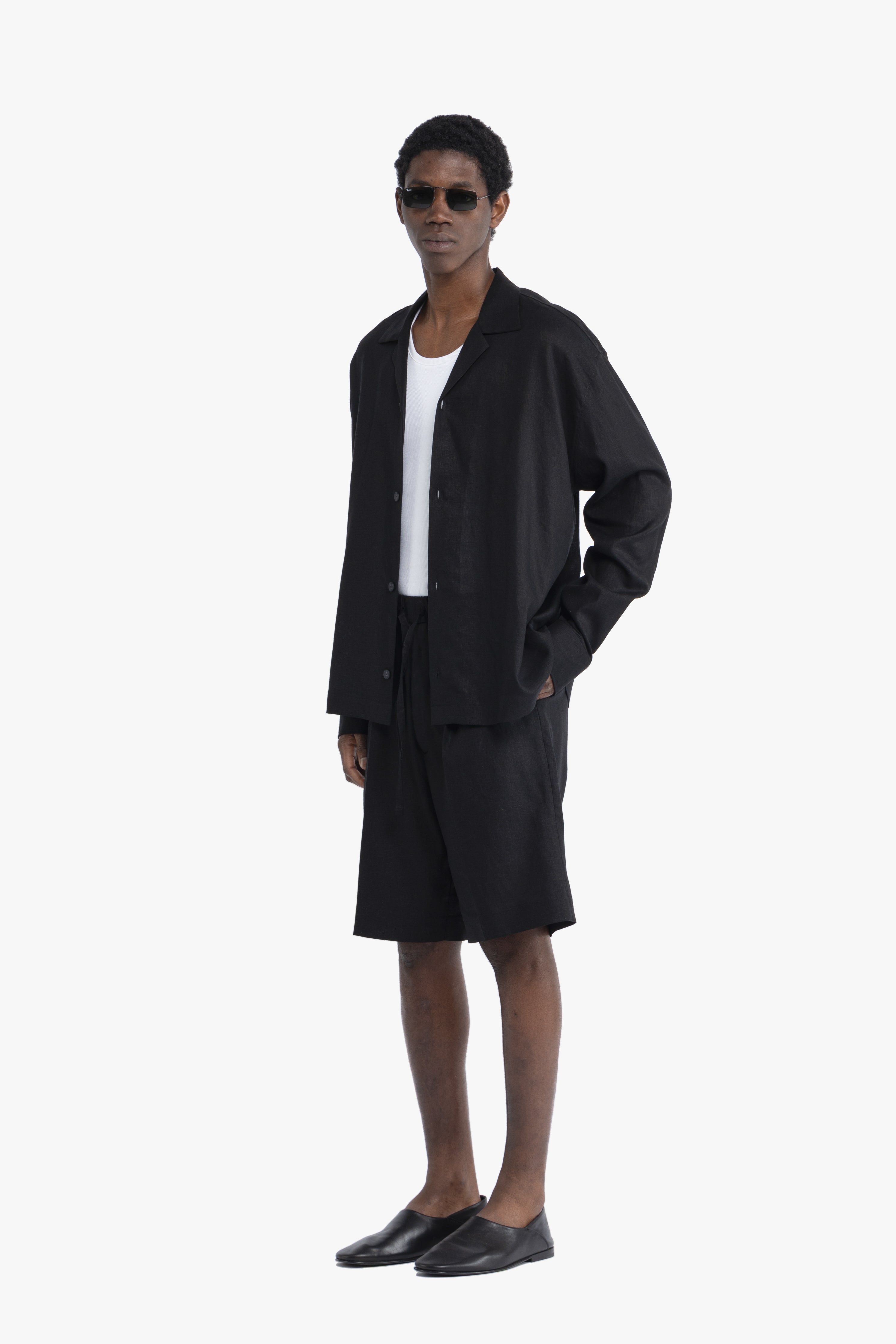 Bermuda con coulisse in lino - Nero