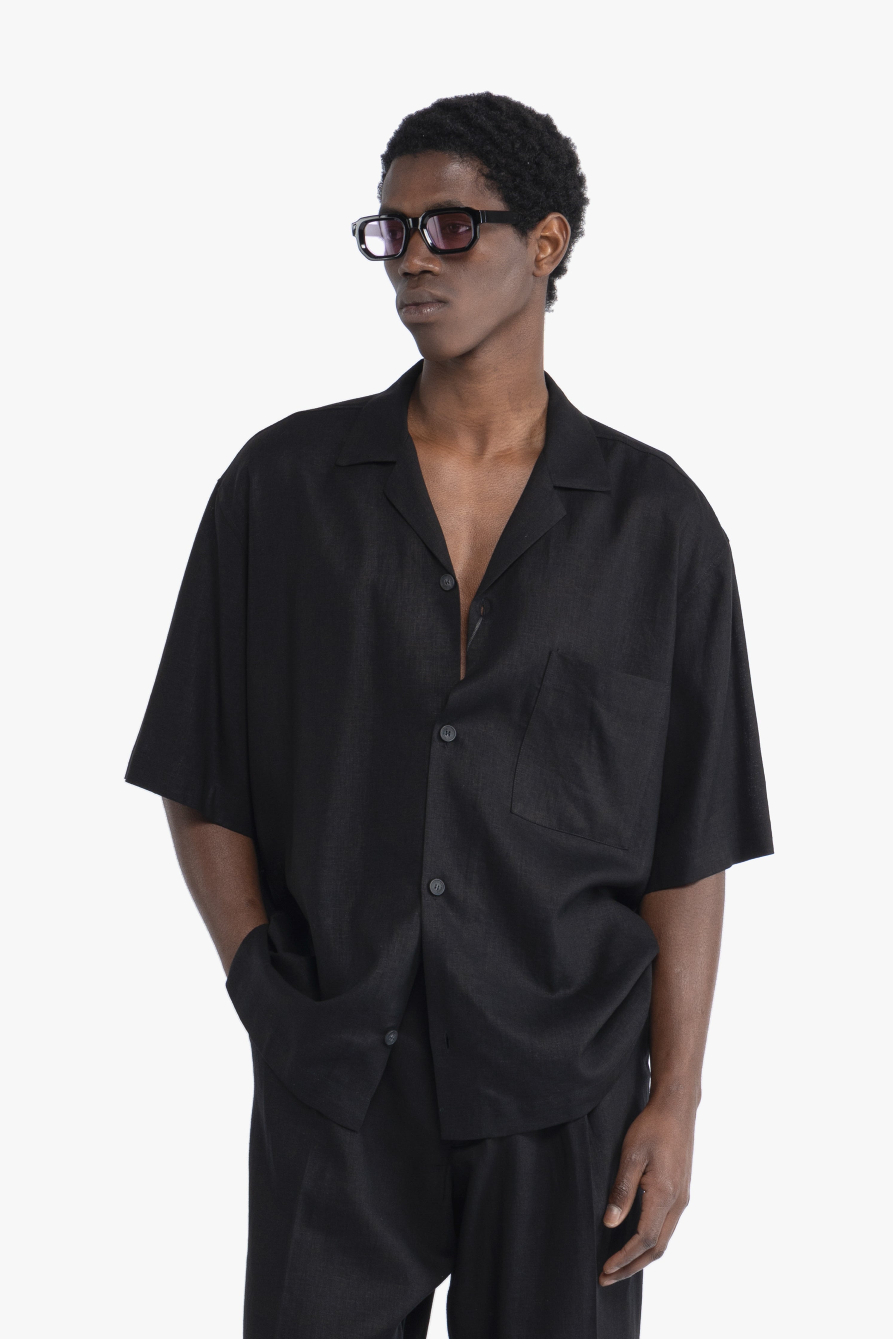 Camicia maniche corte in lino - Nero