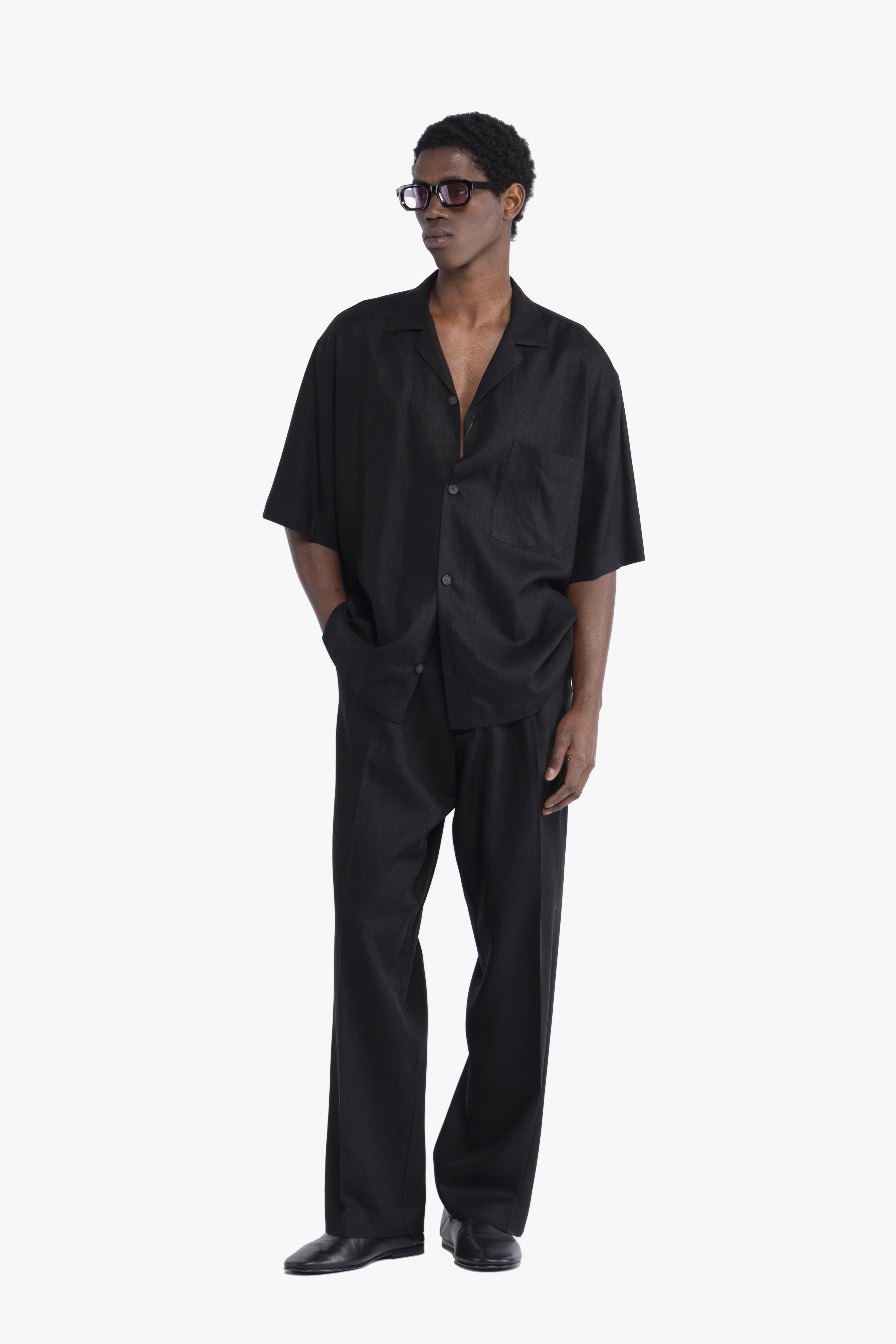 Camicia maniche corte in lino - Nero