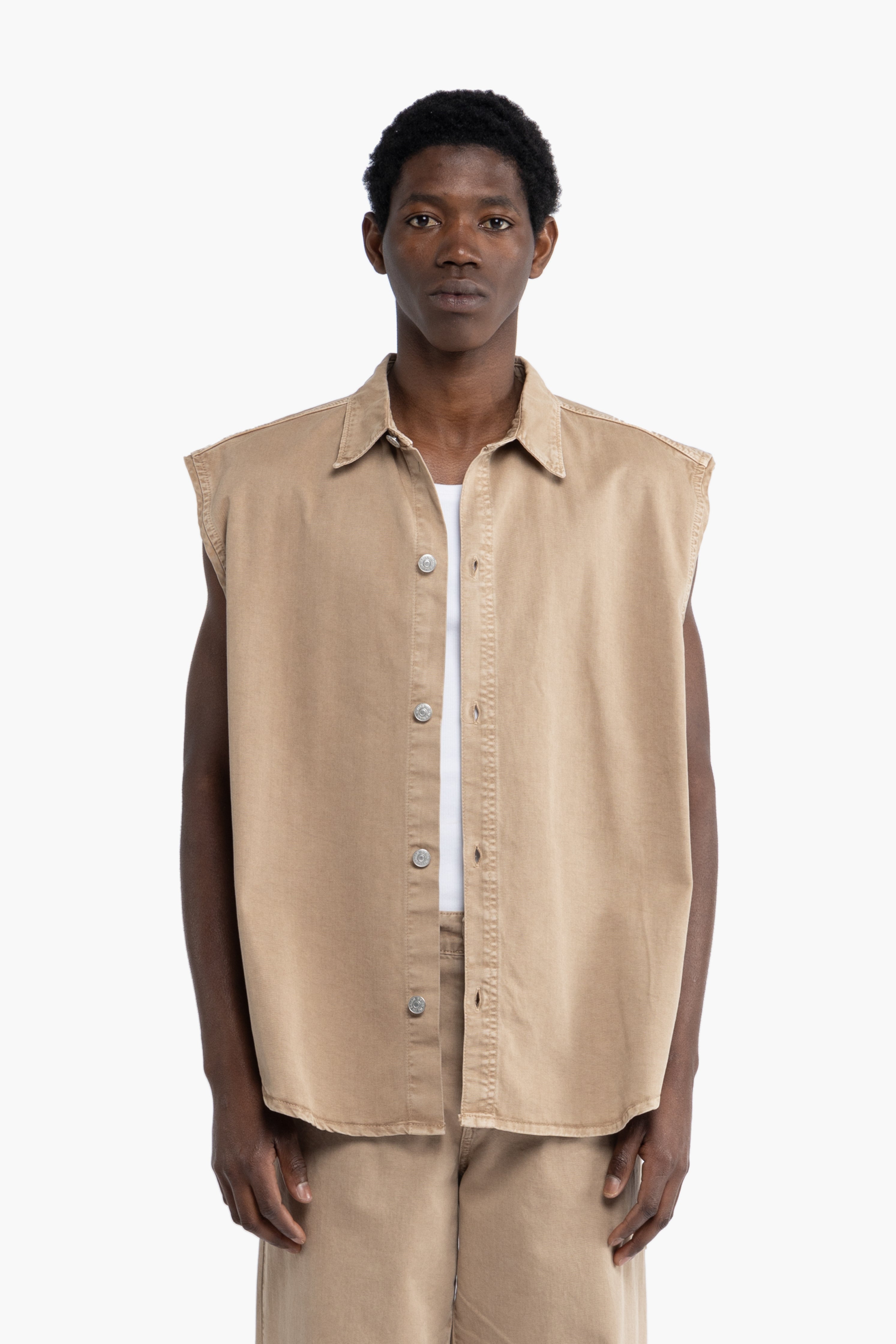 Camicia smanicata in cotone - Beige
