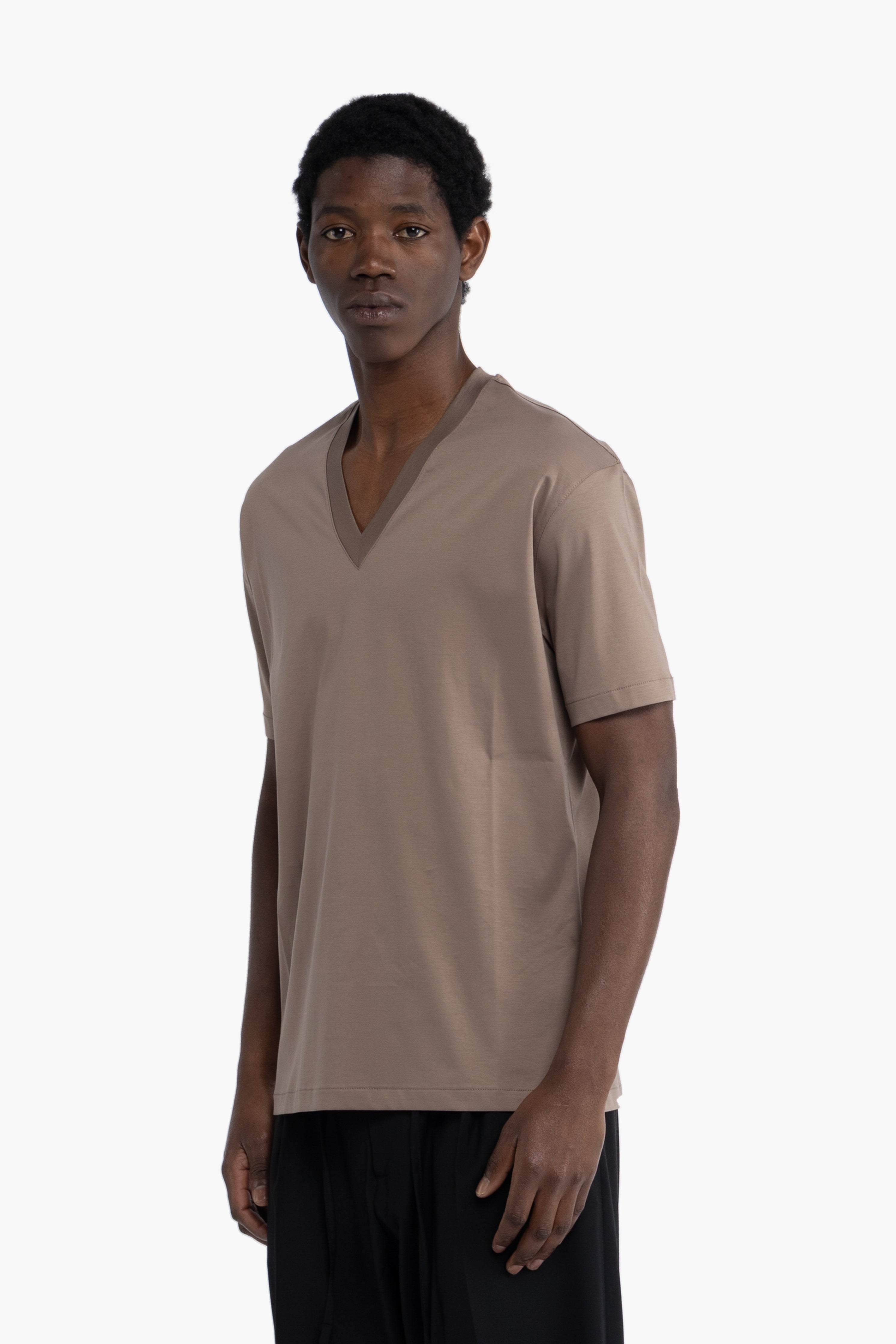 T-shirt scollo a punta cotone mercerizzato - Taupe