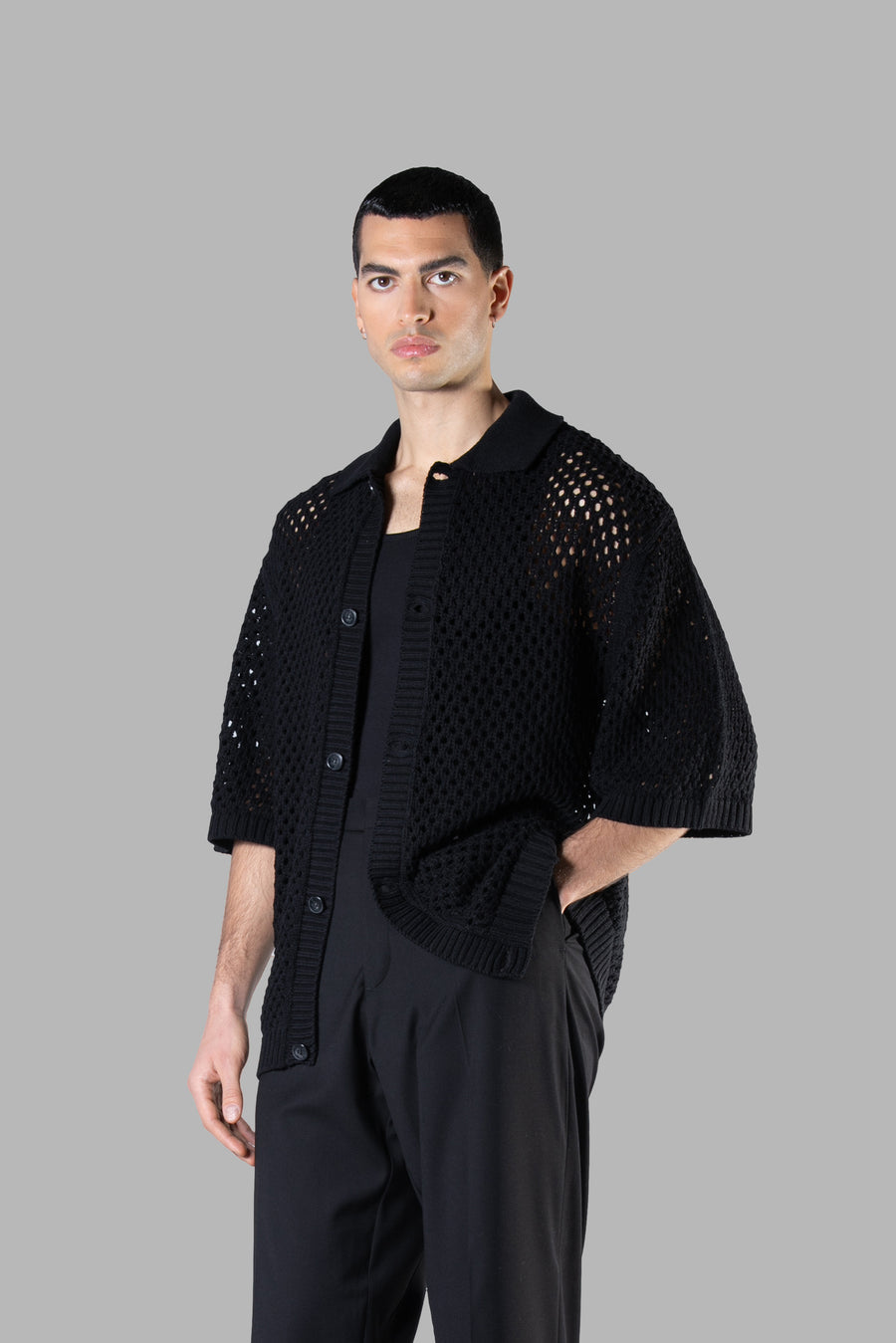 Cardigan crochet in maglia di cotone oversize - Nero