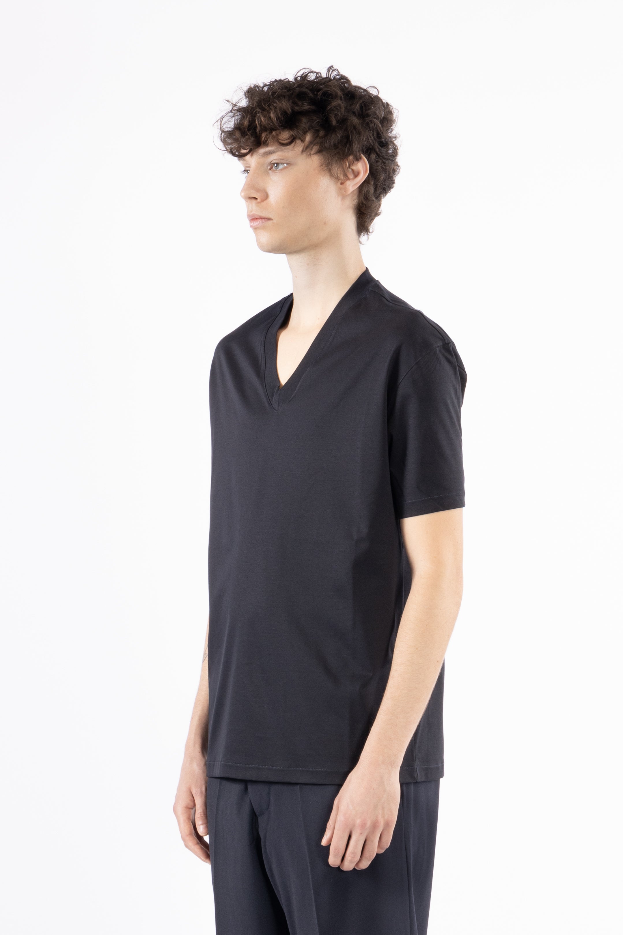 T-shirt scollo a punta cotone mercerizzato - Blu