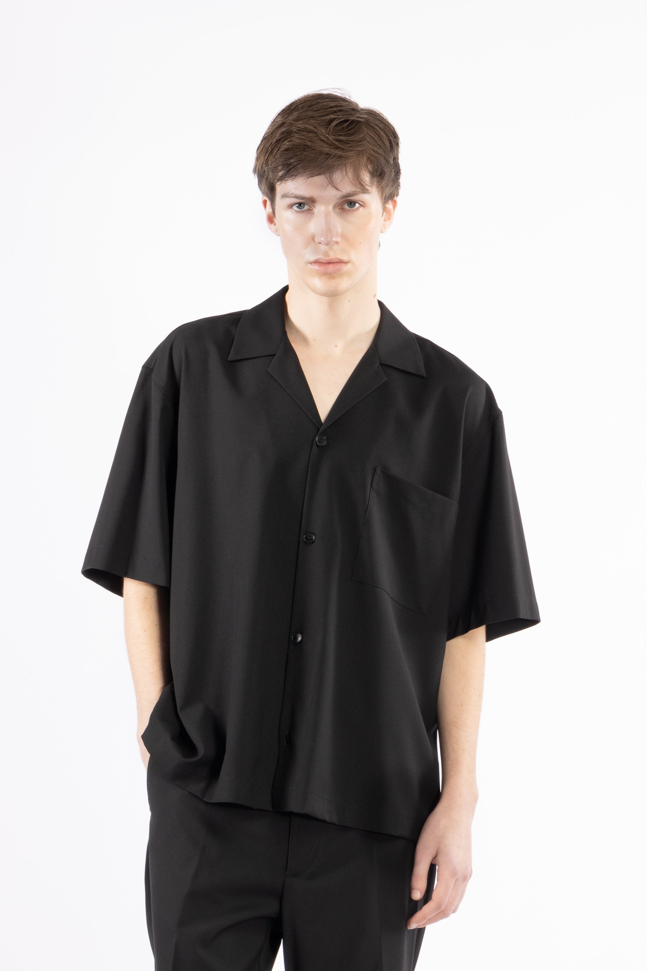 Camicia morbida collo aperto - Nero