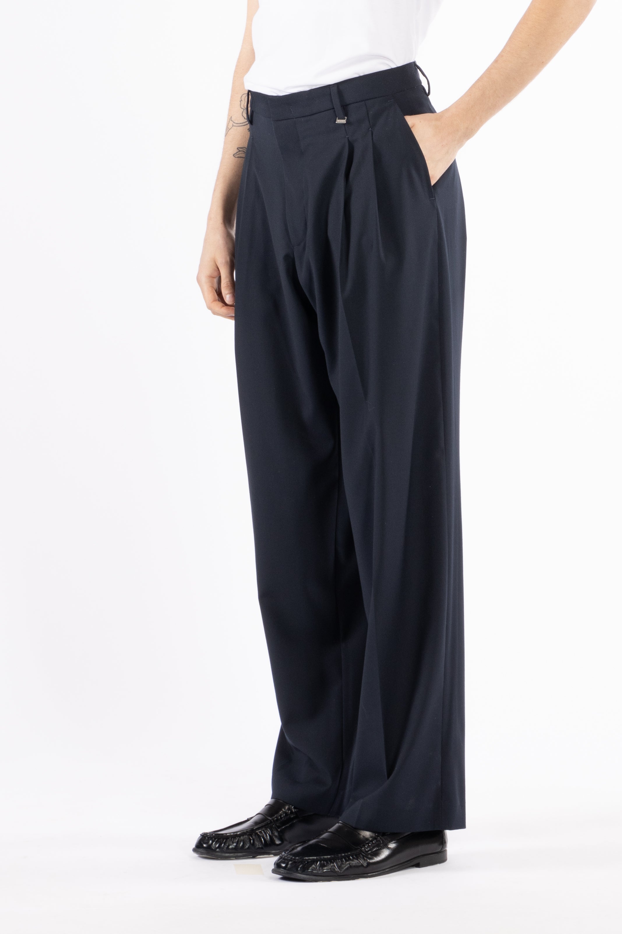 Pantalone fondo ampio con pinces - Blu