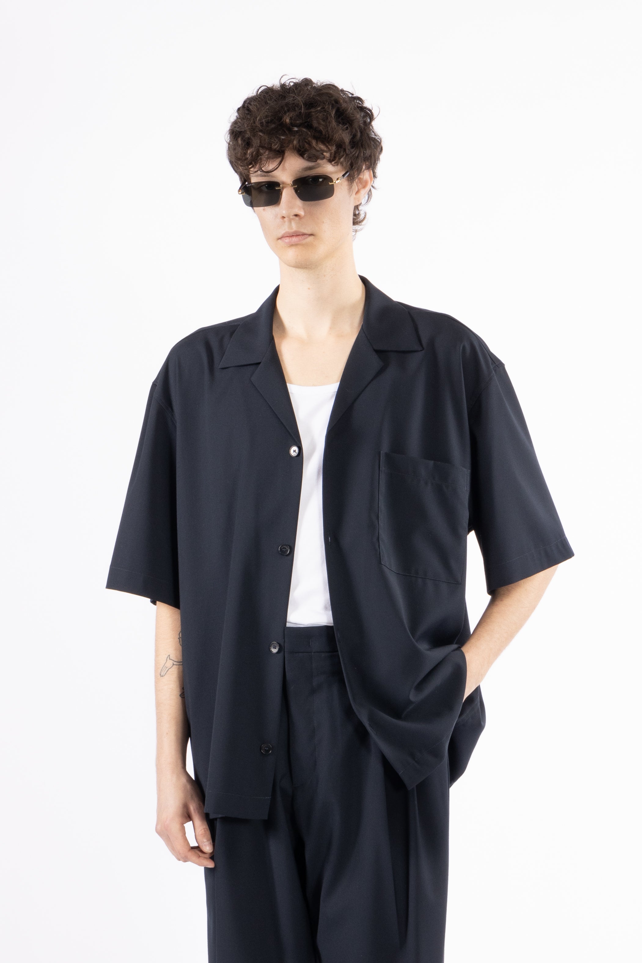Camicia morbida collo aperto - Blu