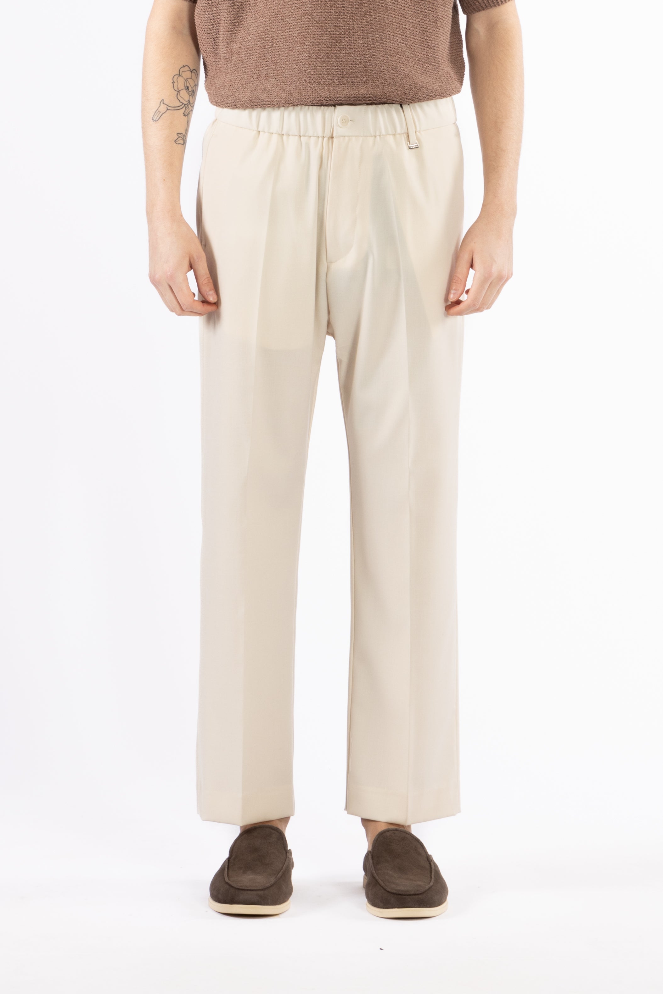 Pantalone gamba dritta con elastico - Panna