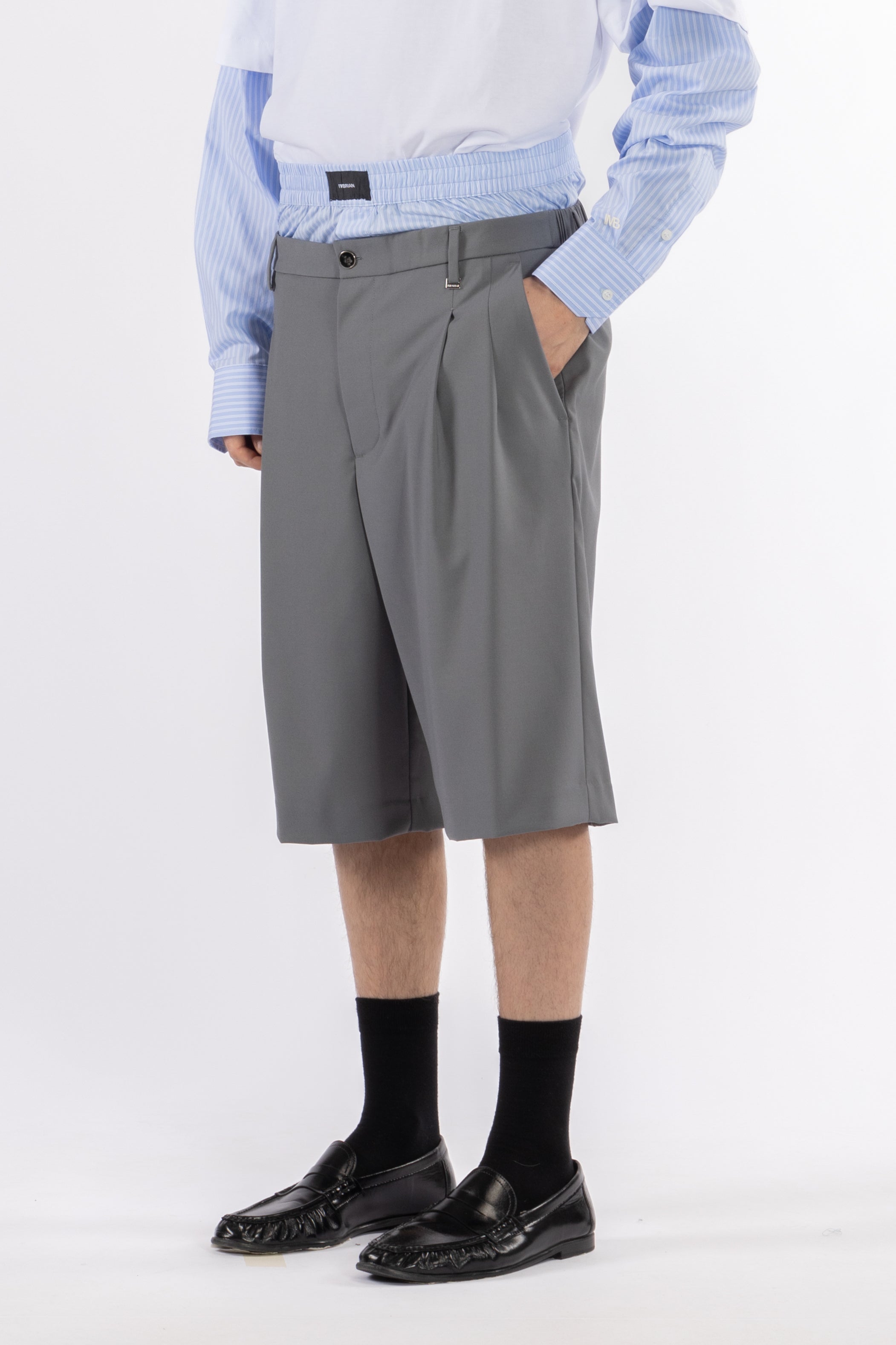 Bermuda con elastico in cotone a righe - Grigio