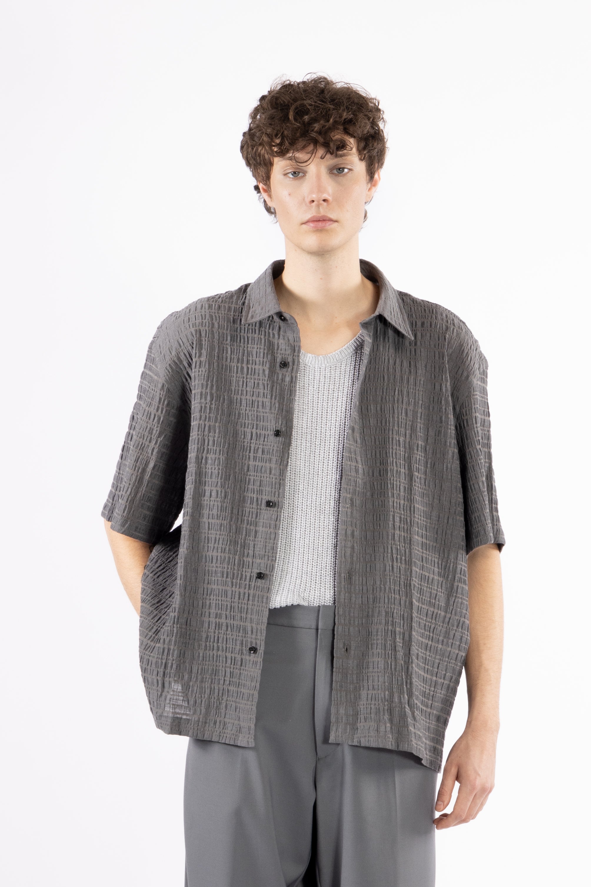 Camicia jacquard maniche corte - Grigio
