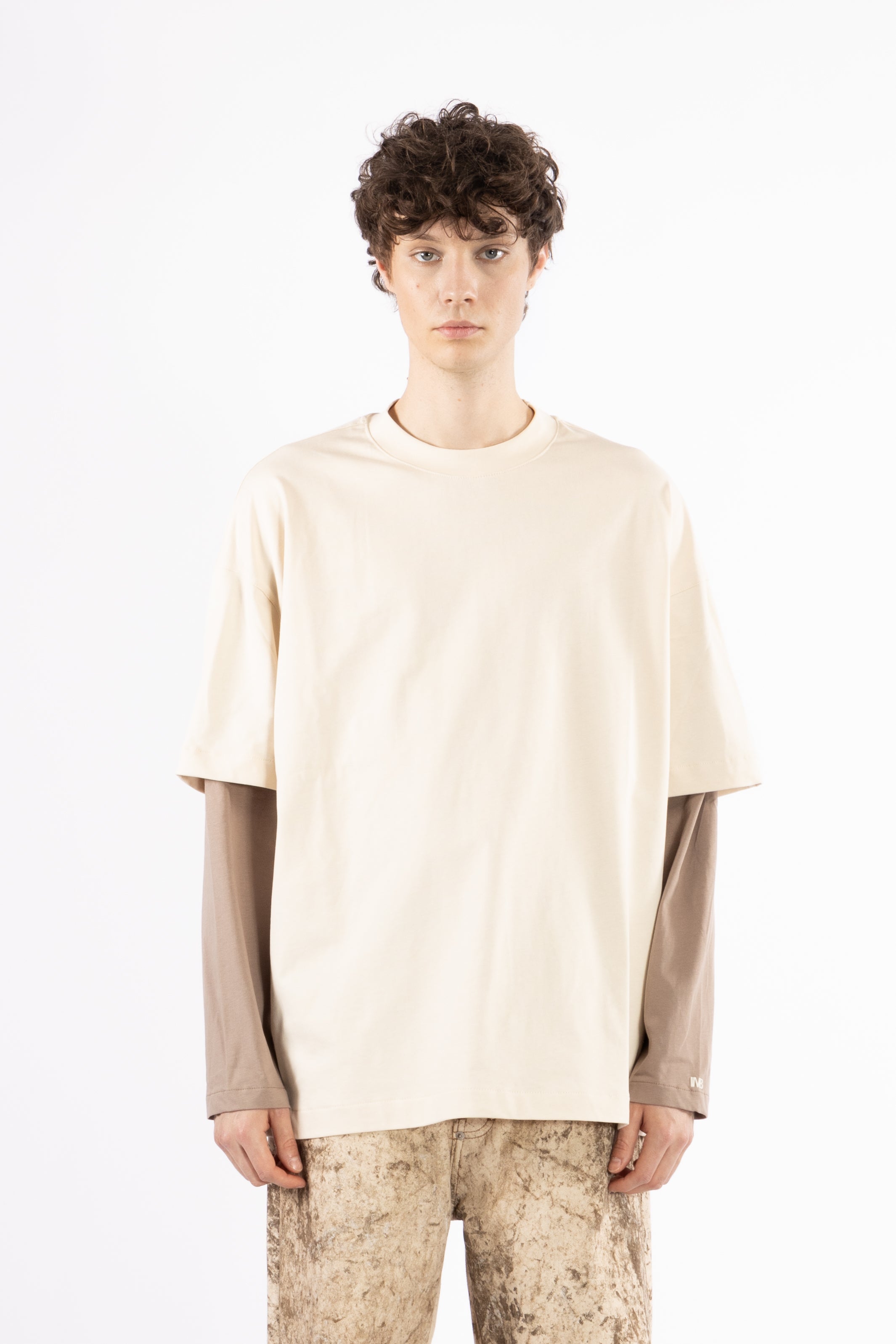 T-shirt in cotone doppia manica - Panna