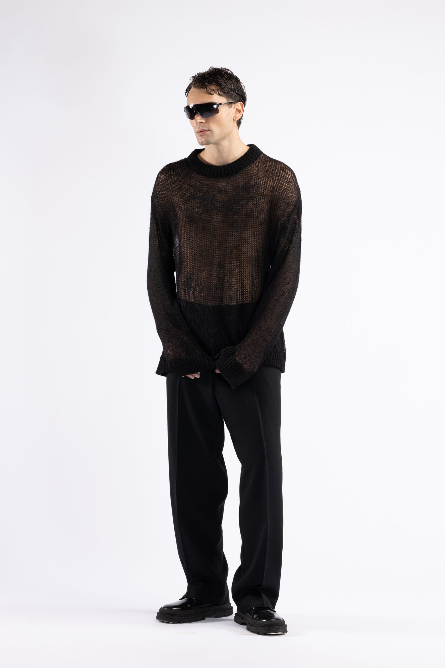 Maglia in lana oversize traforata - Nero