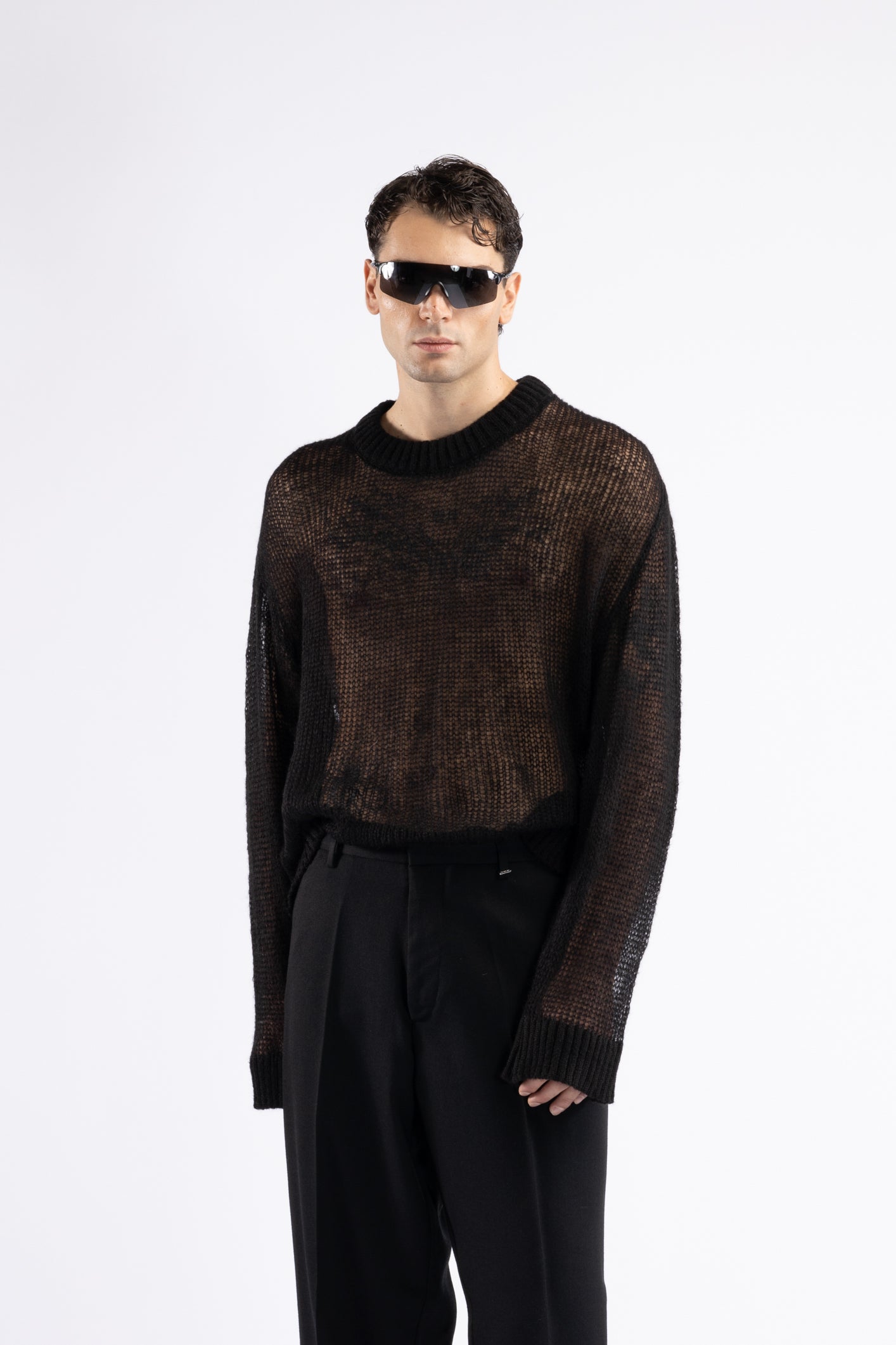 Maglia in lana oversize traforata - Nero