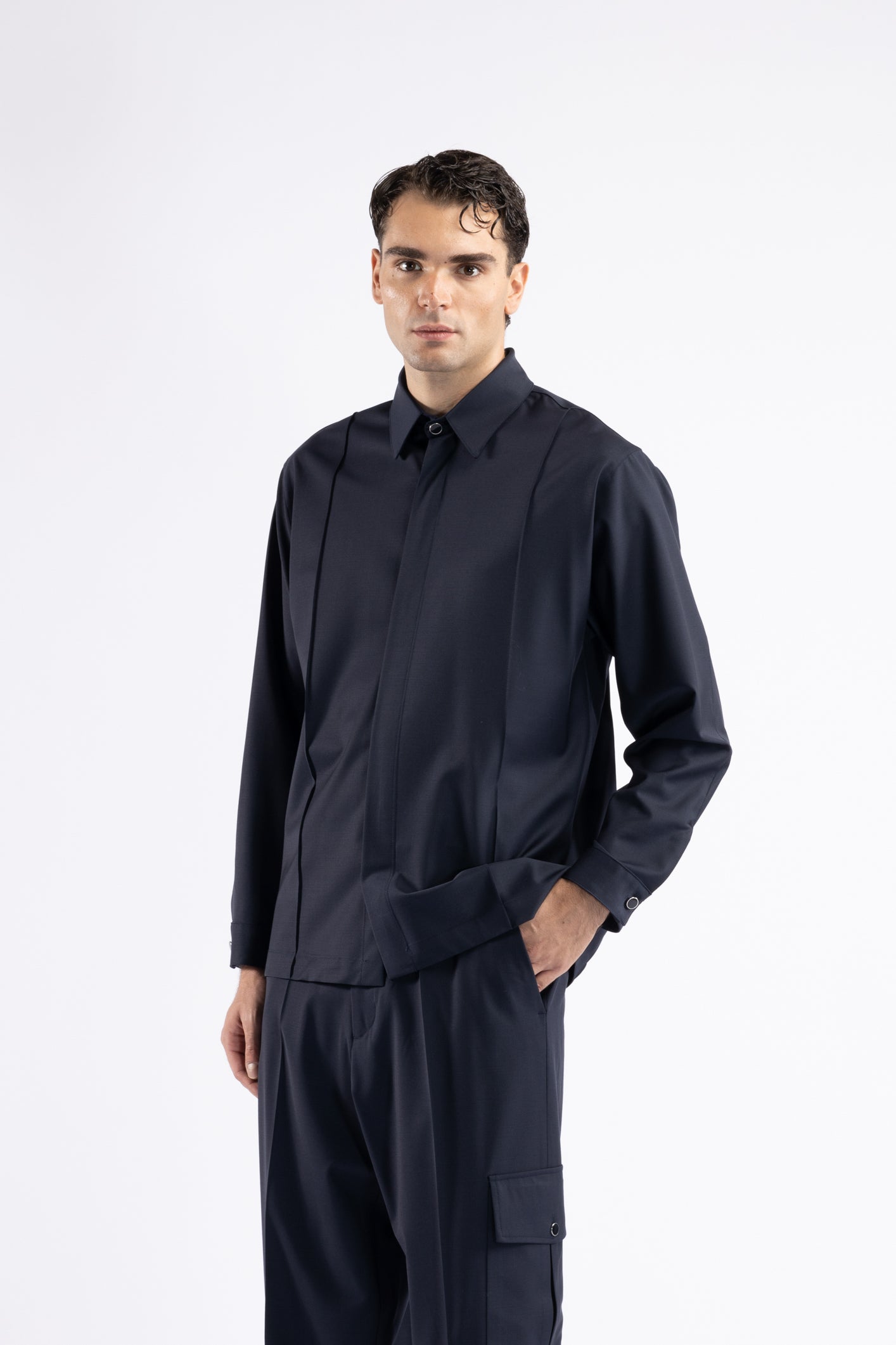 Camicia in lana con pinces - Blu