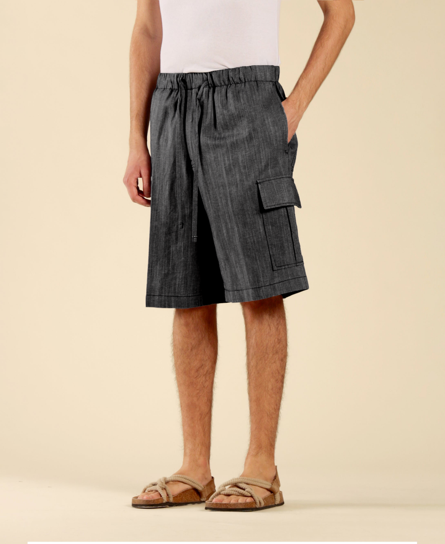 Bermuda in cotone lino effetto denim - Nero