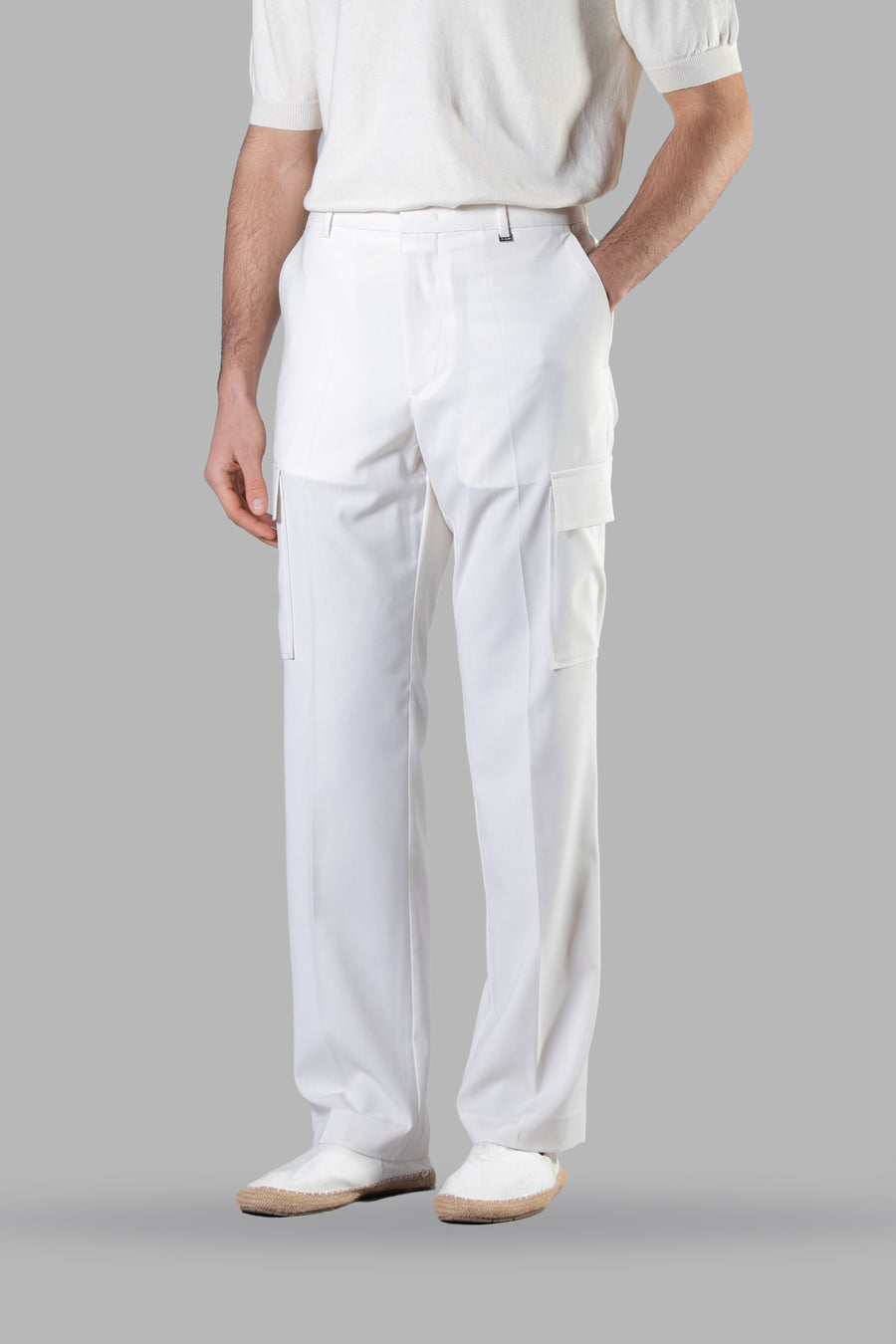 Pantalone fondo ampio con tasconi applicati - Panna