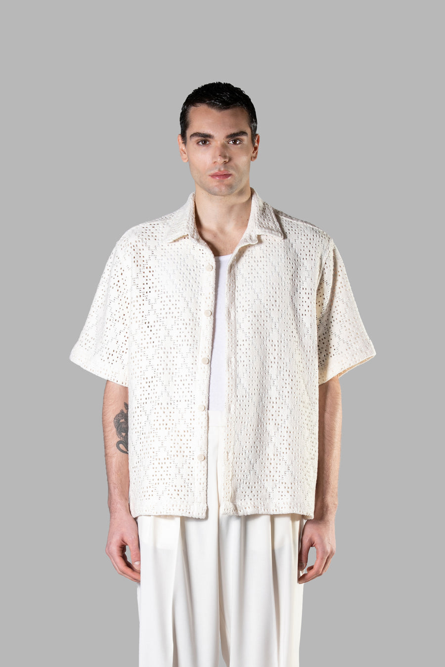 Camicia crochet in cotone traforata rombi - Panna