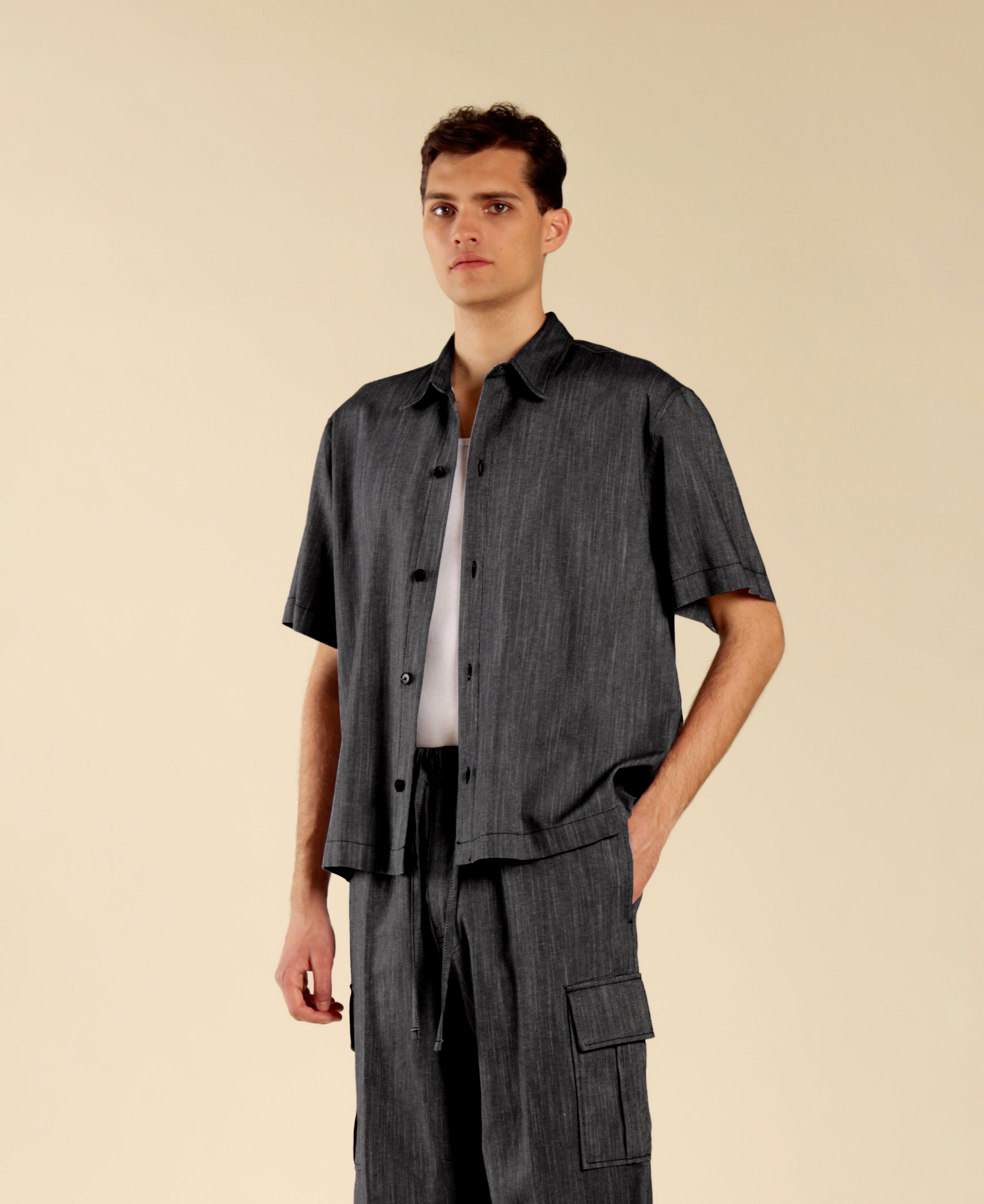 Camicia in cotone lino effetto denim - Nero