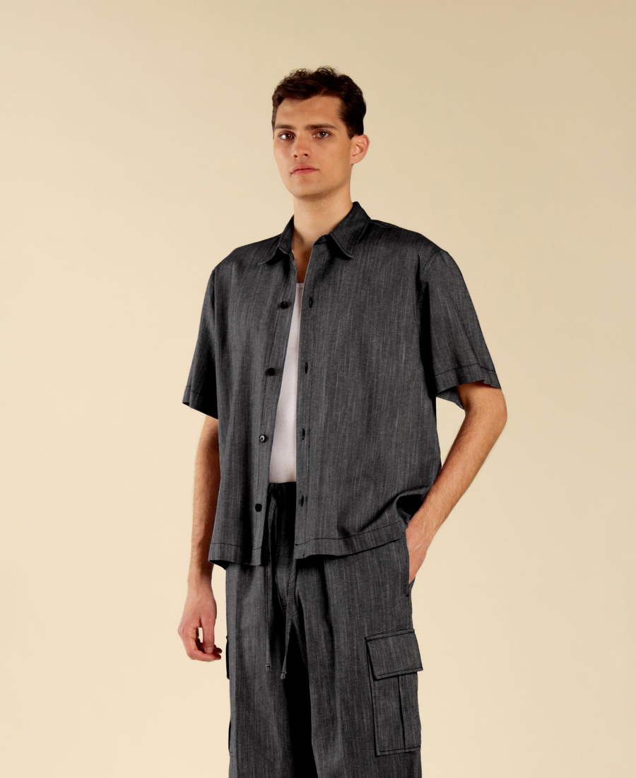 Camicia in cotone lino effetto denim - Nero
