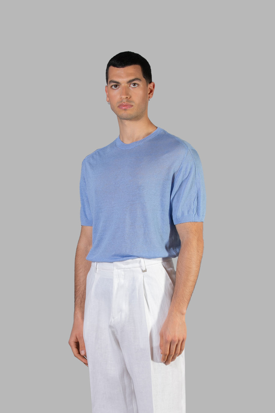 Maglia girocollo in lino regular fit - Azzurro