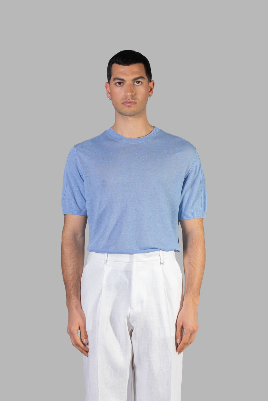 Maglia girocollo in lino regular fit - Azzurro