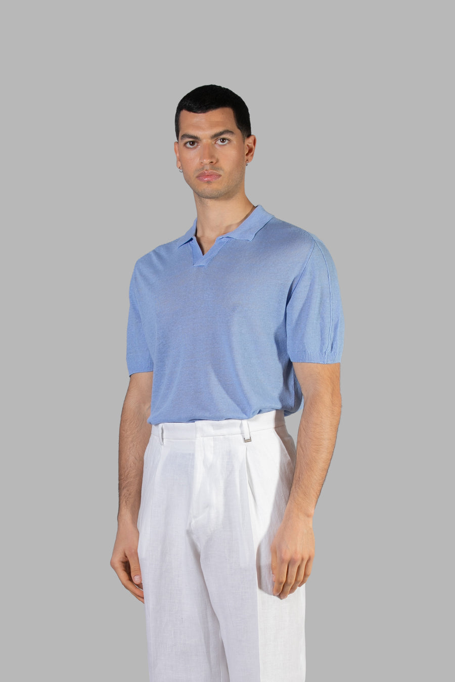 Polo in lino regular fit - Azzurro