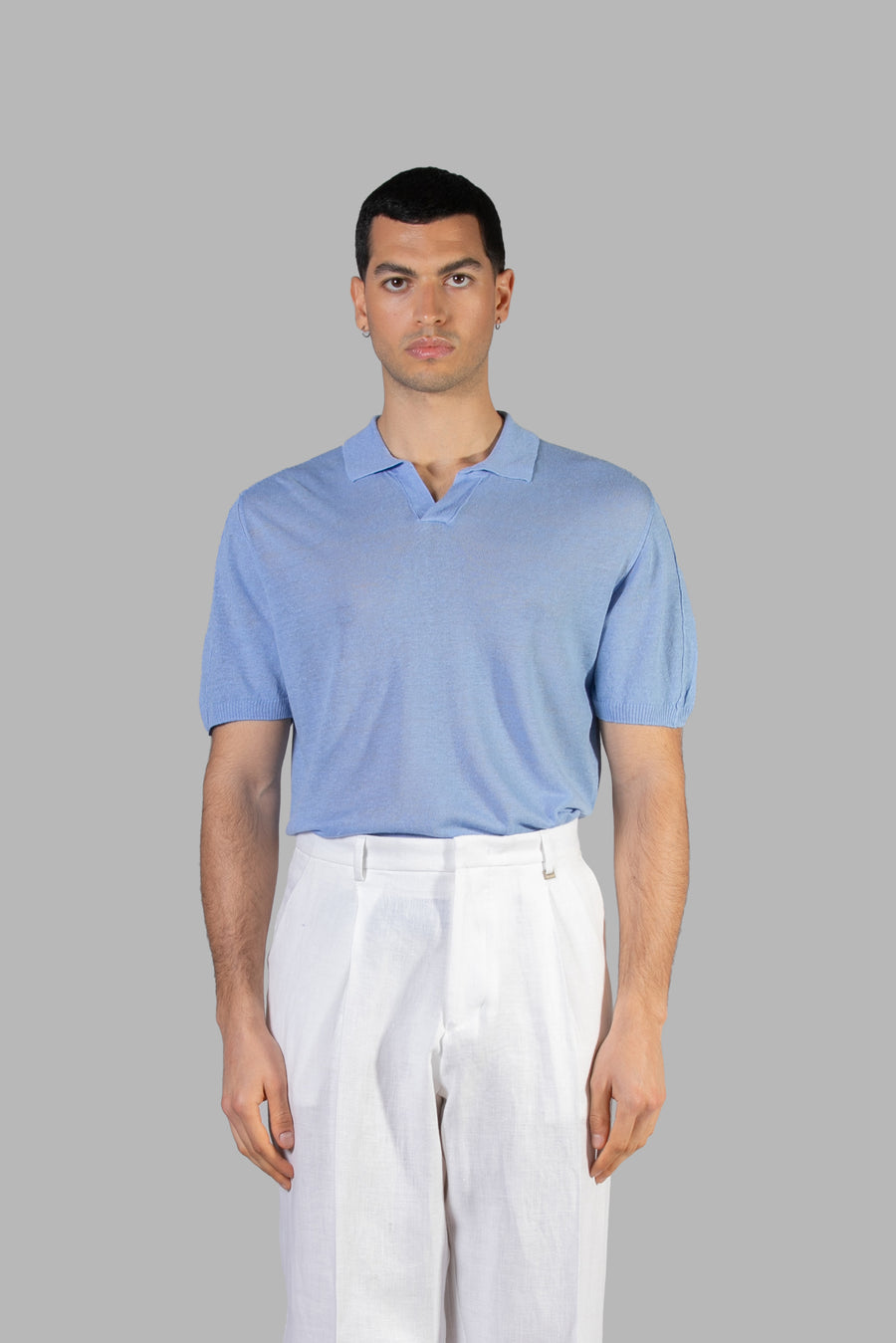 Polo in lino regular fit - Azzurro