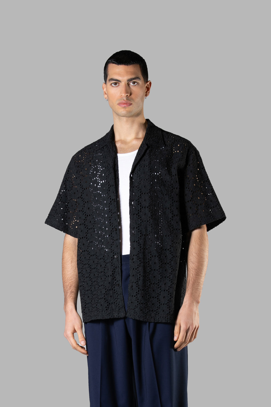 Camicia crochet in cotone traforata floreale - Nero