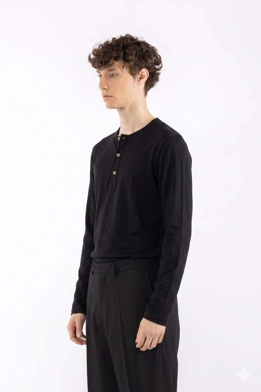 Maglia a serafino in cotone - Nero