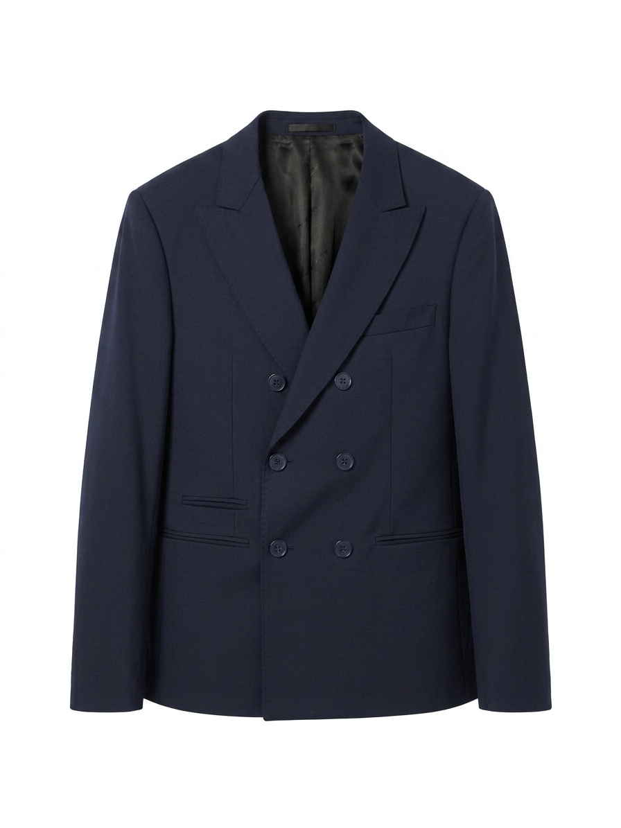Double-breasted jacket with lapel collar in wool and tencel blend - Blue