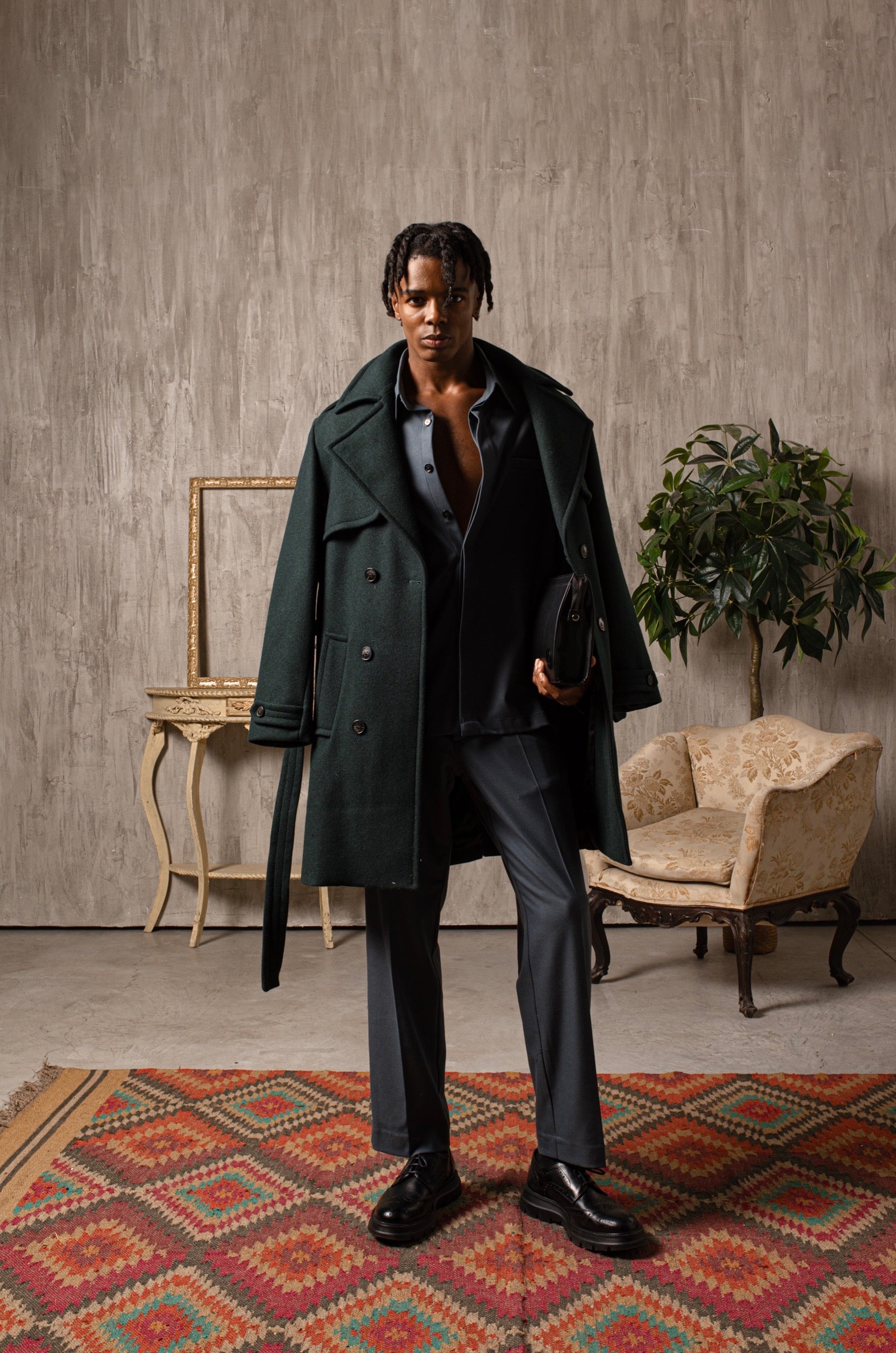 Manteau croisé en laine mélangée - Vert