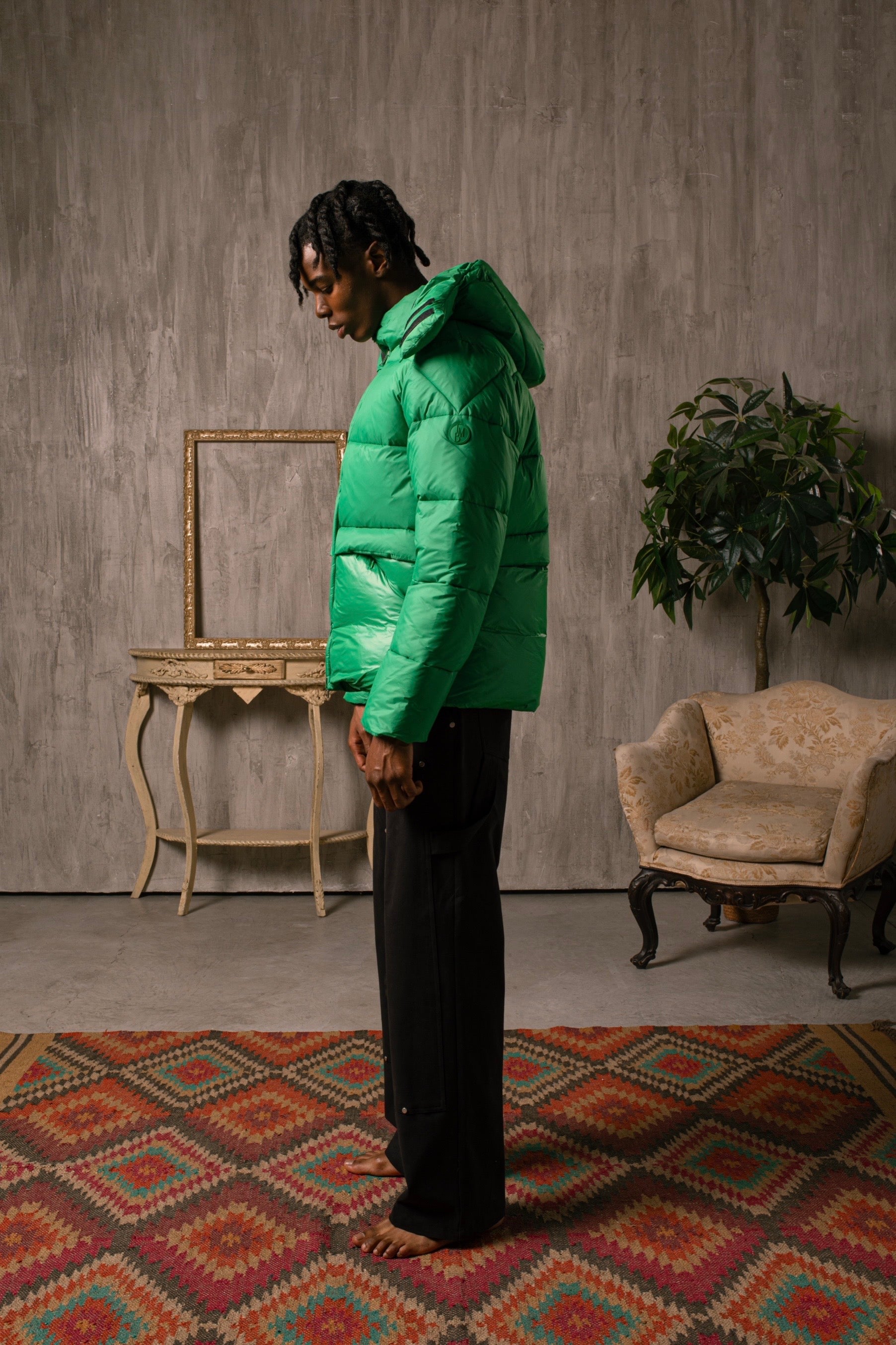 Doudoune écologique en plumes, coupe classique, avec capuche - Verte