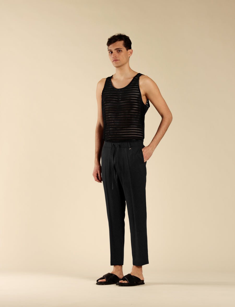 Pantalone in misto lino con coulisse - Nero