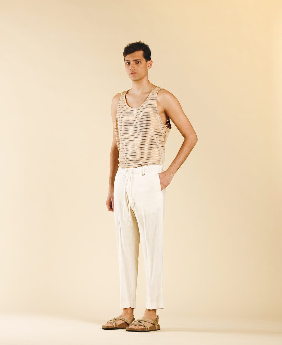 Pantalone in misto lino con coulisse - Panna