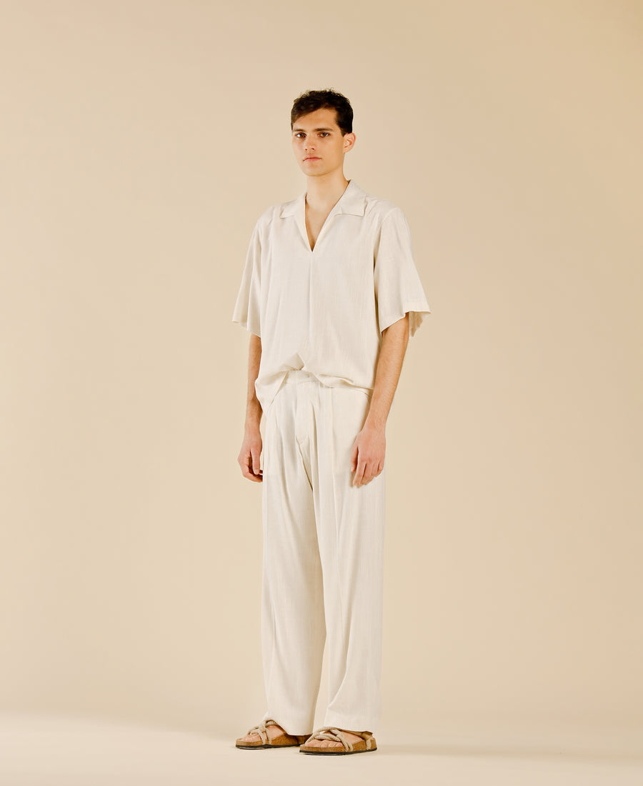 Polo camicia scollo a punta in misto lino - Panna
