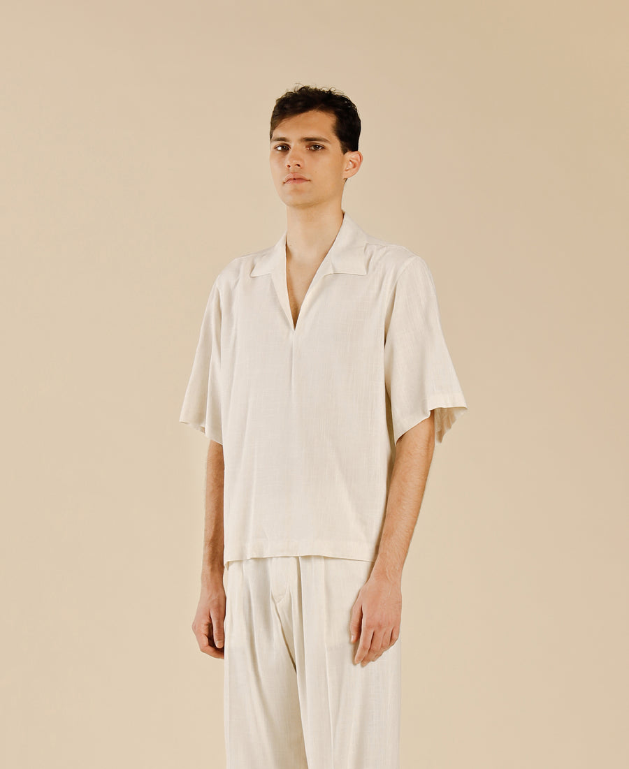 Polo camicia scollo a punta in misto lino - Panna