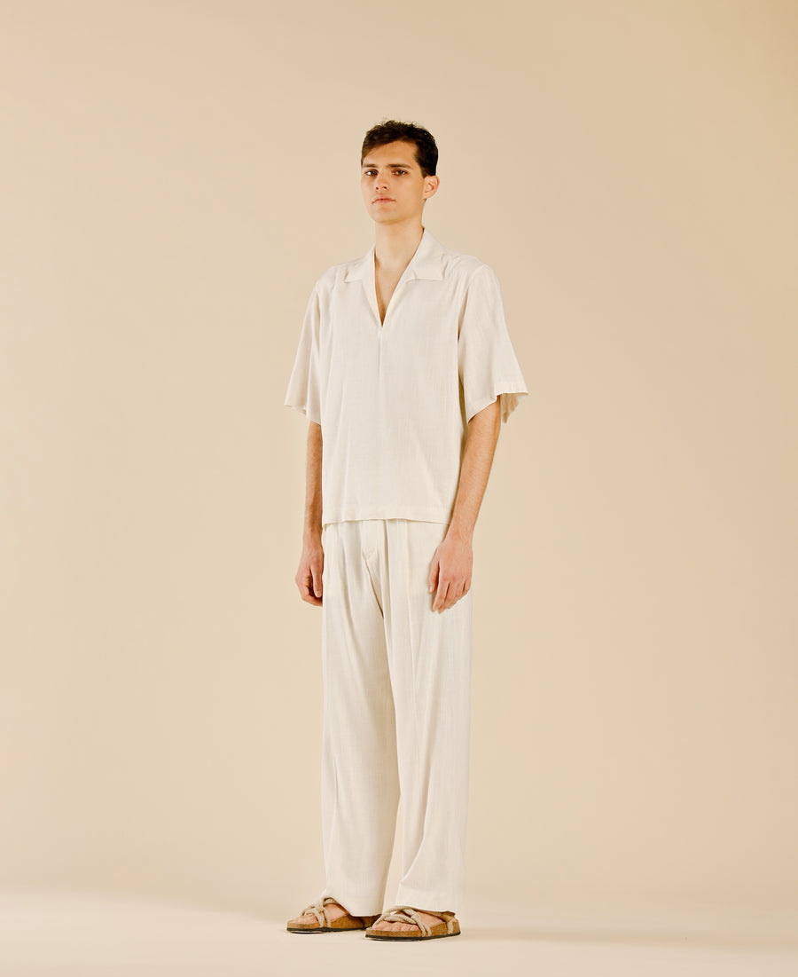 Polo camicia scollo a punta in misto lino - Panna