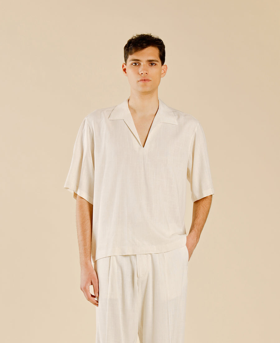 Polo camicia scollo a punta in misto lino - Panna