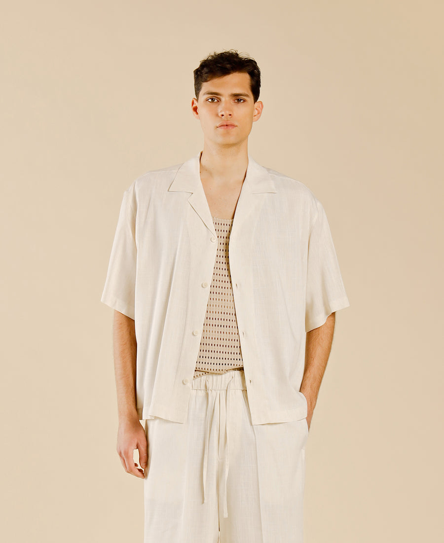 Camicia collo aperto in misto lino - Panna